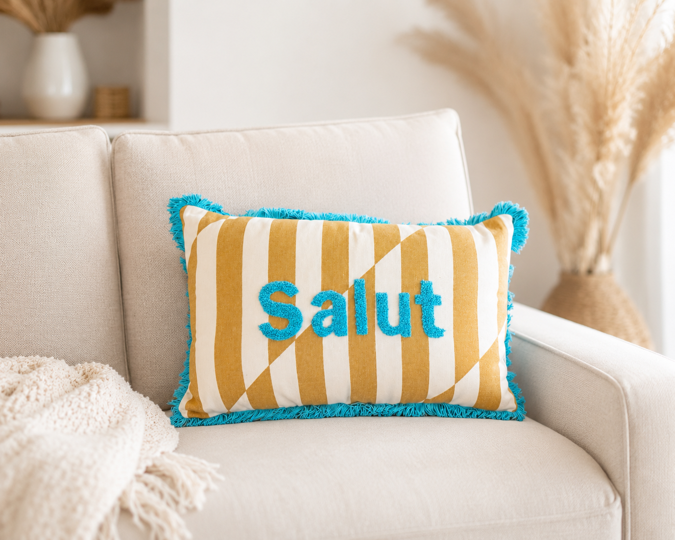 Kissen Salut 50x30 cm | gestreiftes Dekokissen mit Stickerei | Boho Kissen bunt | Zierkissen Baumwolle | Geschenkidee (Kopie) Roo's Gift Shop