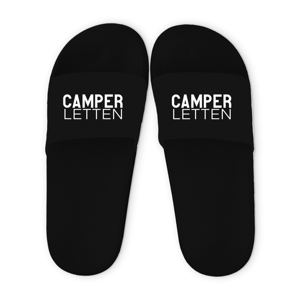 Camper Letten | Badelatschen für Campingplatz und Urlaub | schwarze Schlappen für Camper, Badeschuhe für Dusche, Strand, Schwimmbad | unisex Printegy