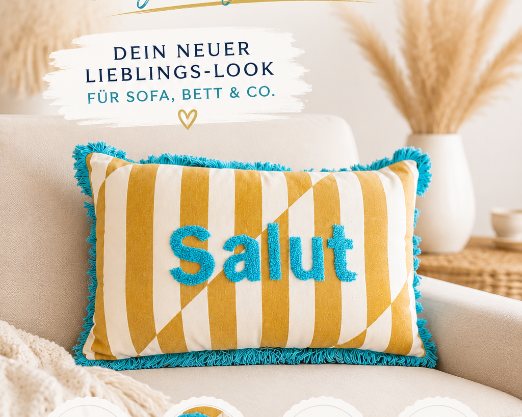 Kissen Salut 50x30 cm | gestreiftes Dekokissen mit Frottier Buchstaben | Boho Kissen | Zierkissen Coastal Chic inkl. Füllung Roo's Gift Shop