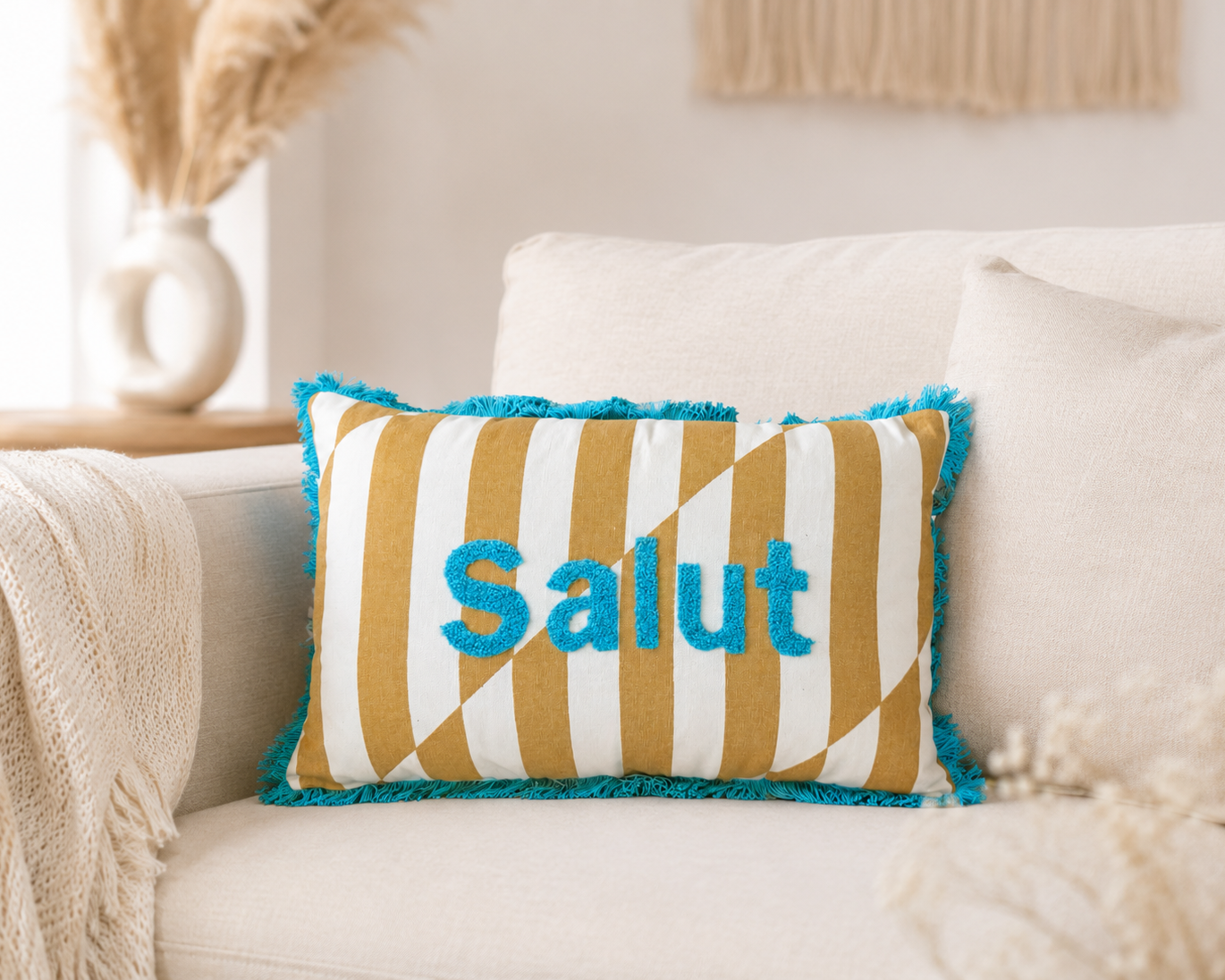 Kissen Salut 50x30 cm | gestreiftes Dekokissen mit Stickerei | Boho Kissen bunt | Zierkissen Baumwolle | Geschenkidee (Kopie) Roo's Gift Shop
