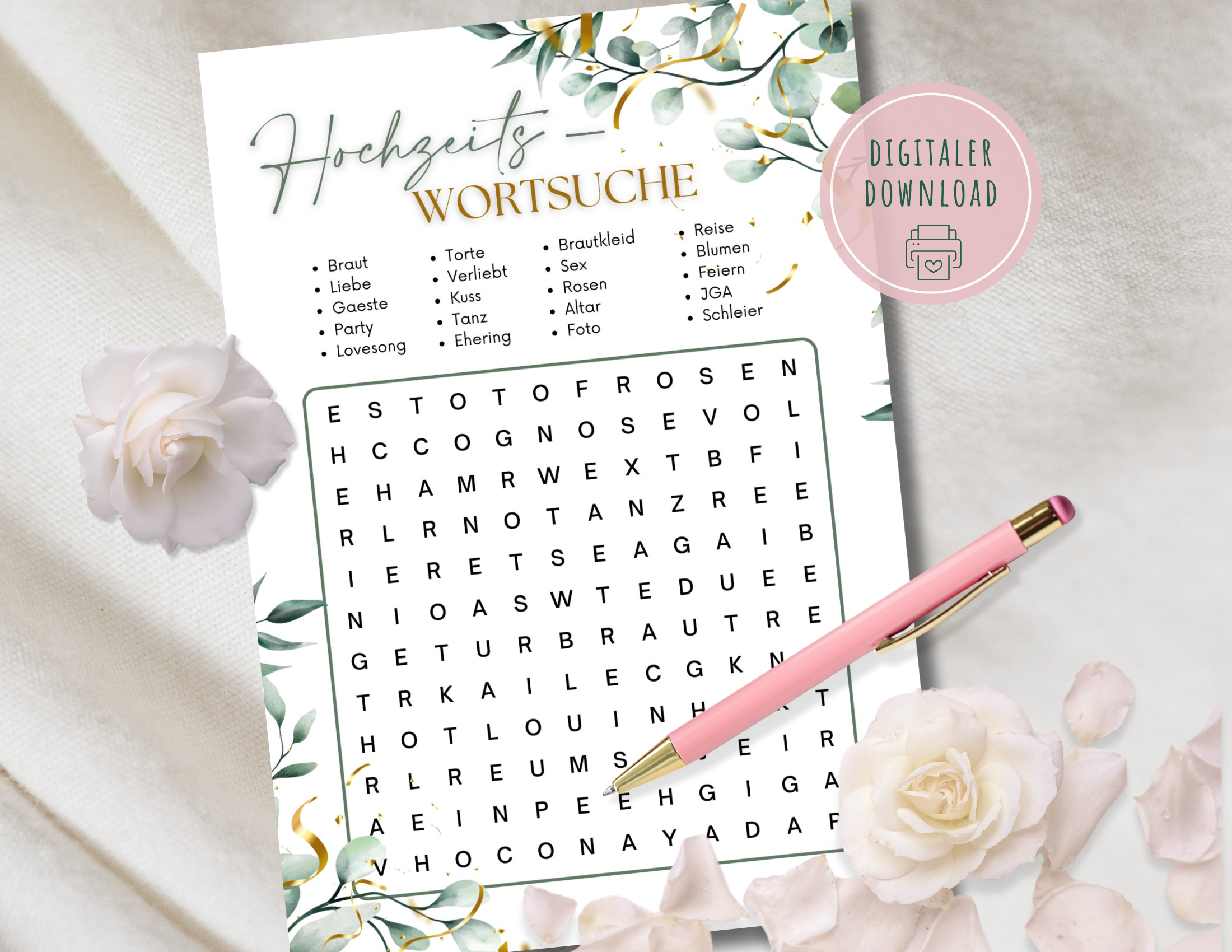 Hochzeits-Wortsuche | Spiel für die Hochzeit | Partyspiel JGA | Hochzeitsspiel | Download Roo's Gift Shop