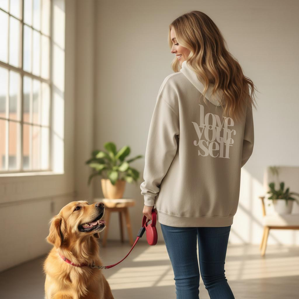Beiger Hoodie mit 'Love Yourself' - Front & Back Print in soften Buchstaben Roo's Gift Shop