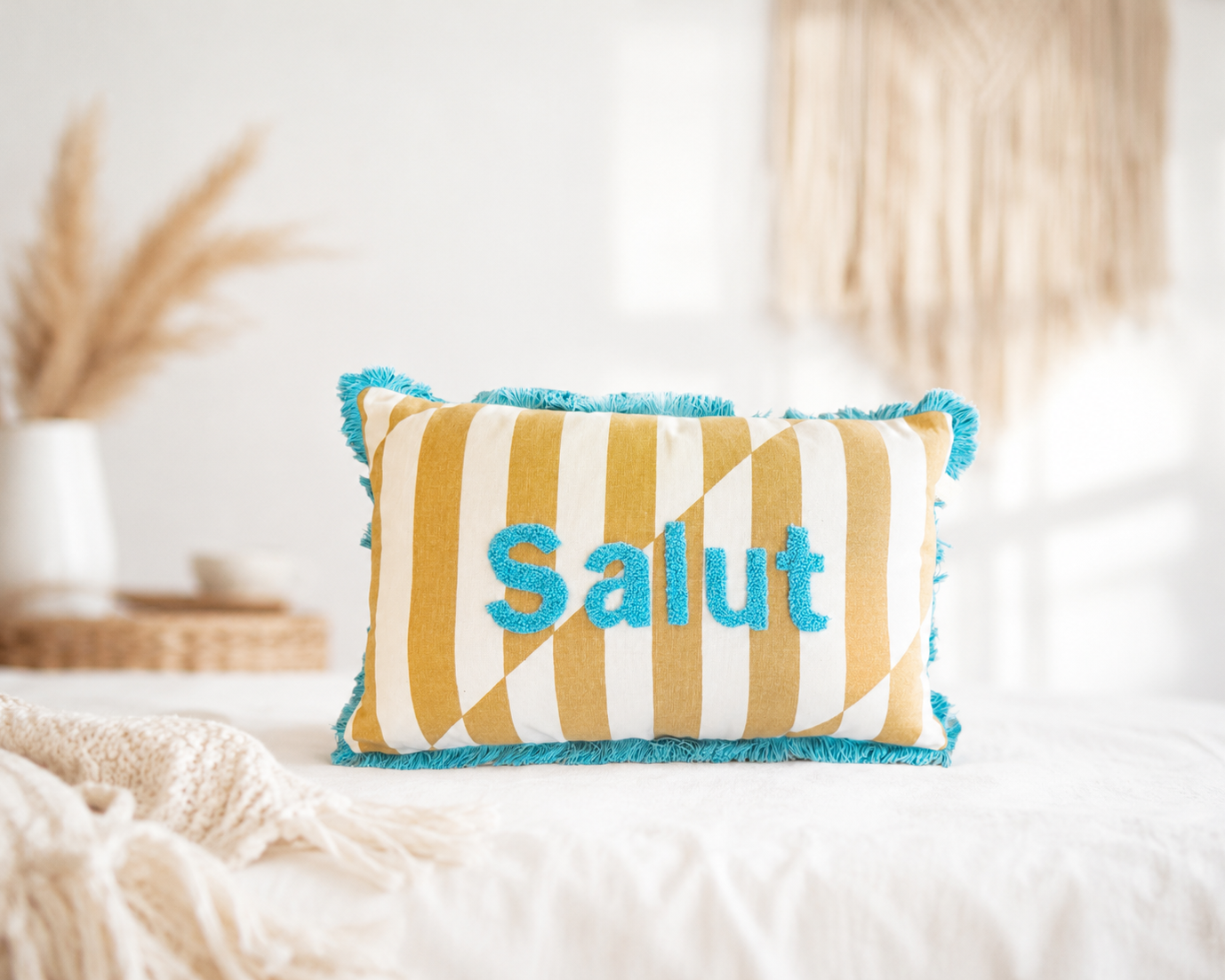 Kissen Salut 50x30 cm | gestreiftes Dekokissen mit Stickerei | Boho Kissen bunt | Zierkissen Baumwolle | Geschenkidee (Kopie) Roo's Gift Shop