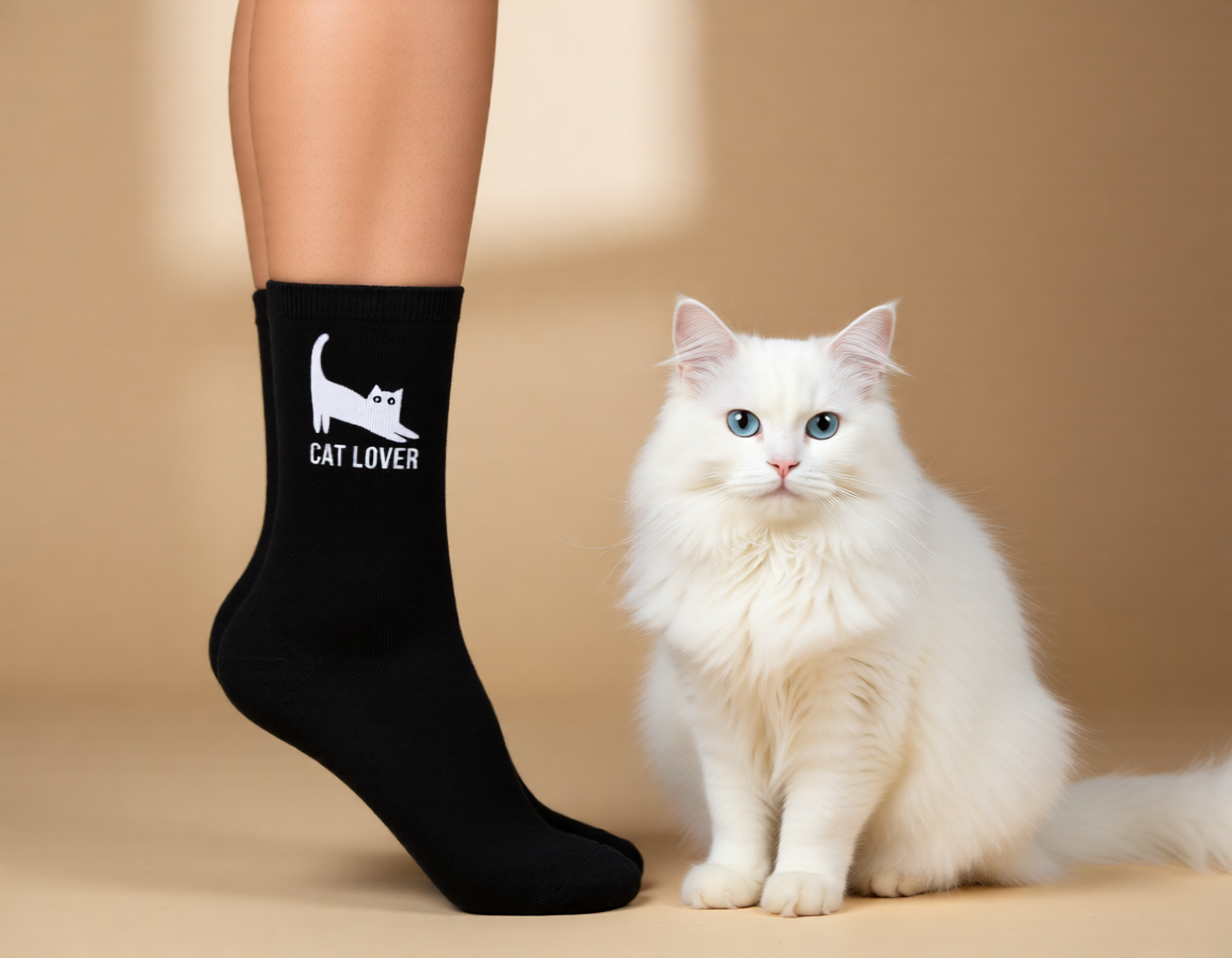 Socken für Cat Lover | weiße oder schwarze Crew Socken mit Katzenmotiv Printegy