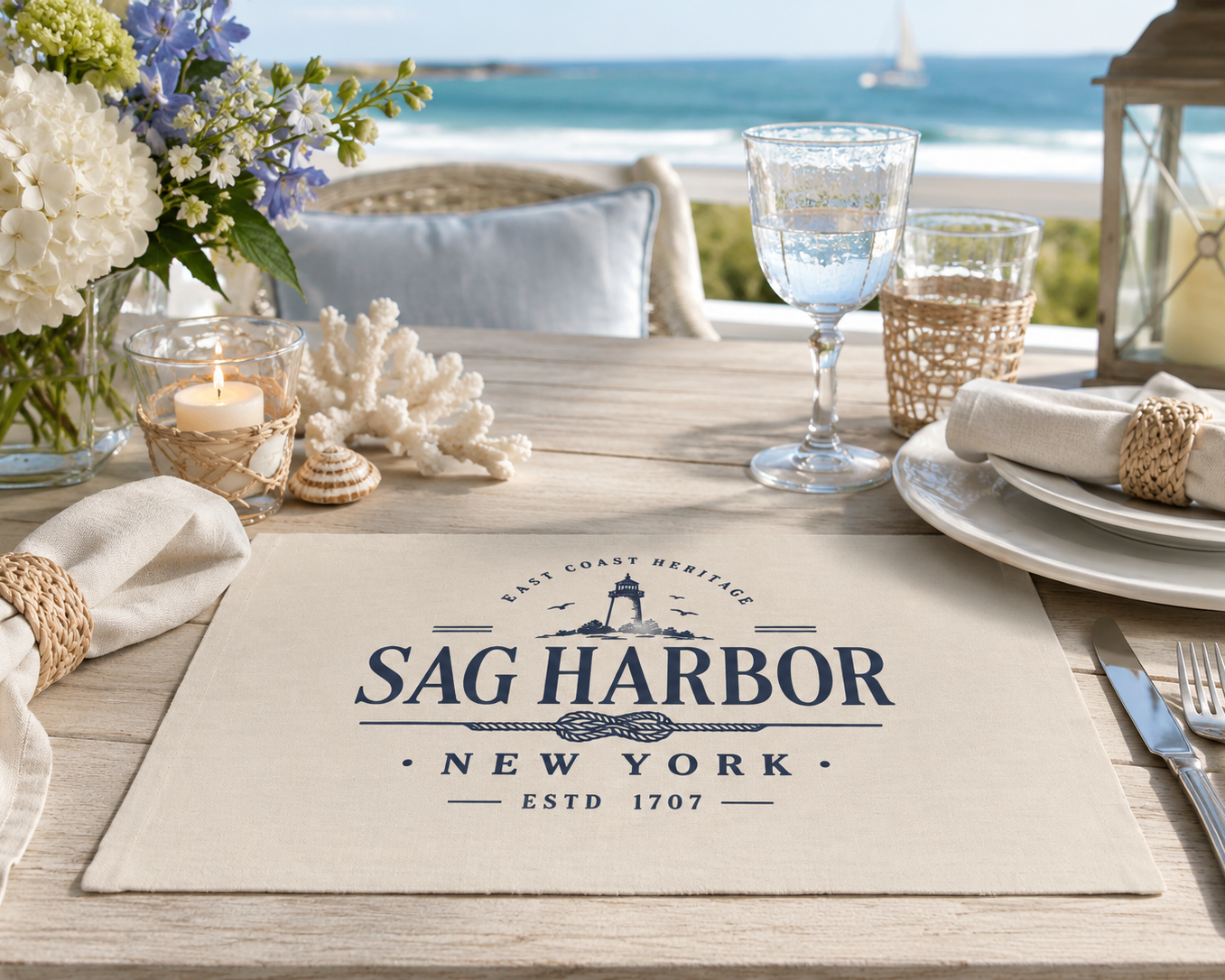 Tischset „Sag Harbor New York“ – maritimes Tischset in Leinen-Optik | 2er-Set Printegy