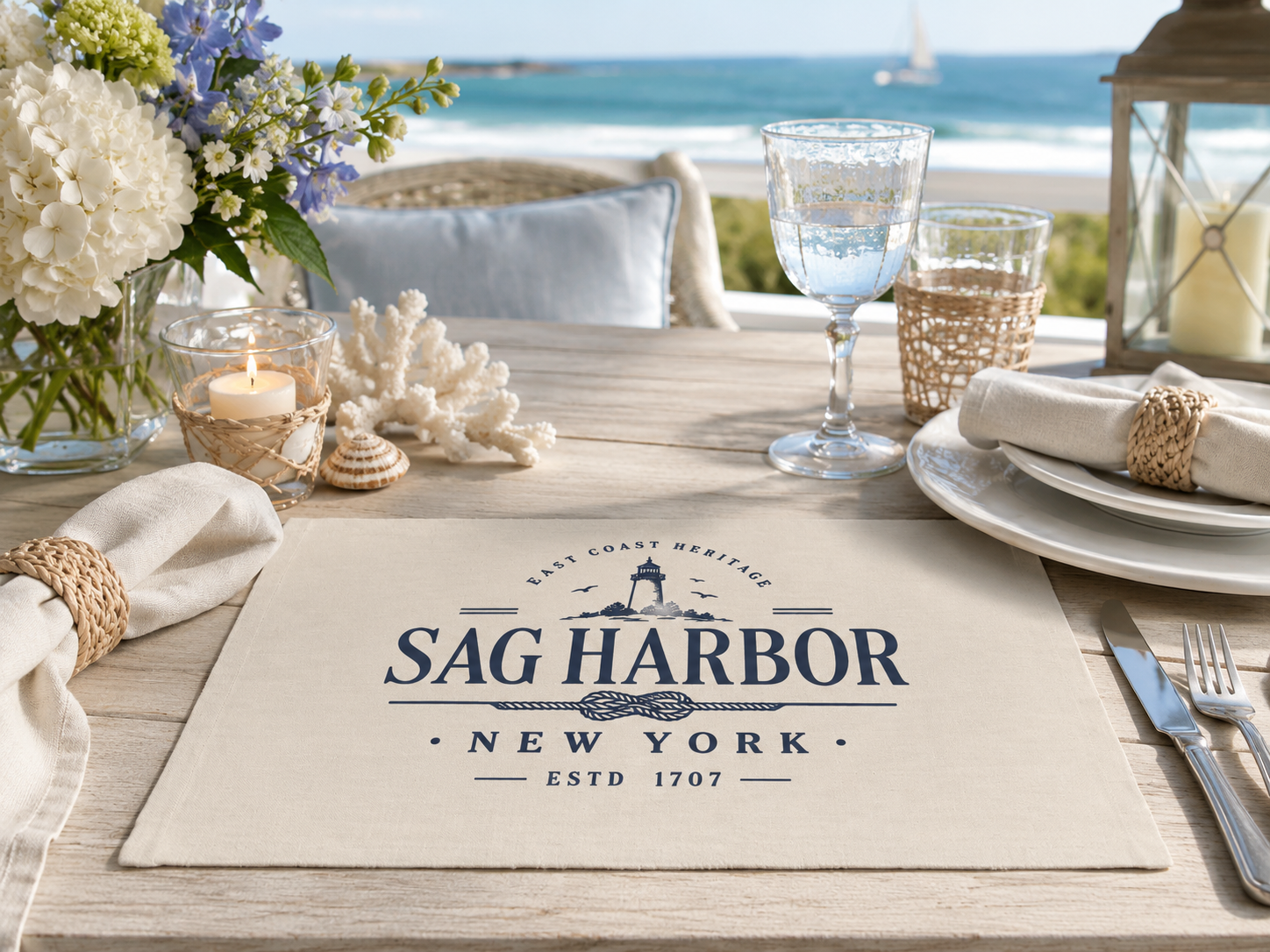 Tischset „Sag Harbor New York“ – maritimes Tischset in Leinen-Optik | 2er-Set Printegy