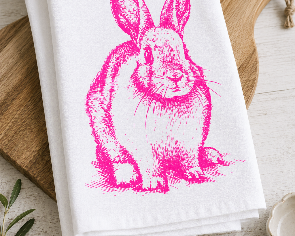 Geschirrtuch Hase Neon Pink | Oster Geschirrtuch Baumwolle | Küchenhandtuch mit Hasenprint | Cottagecore Küche | Geschenk Roo's Gift Shop