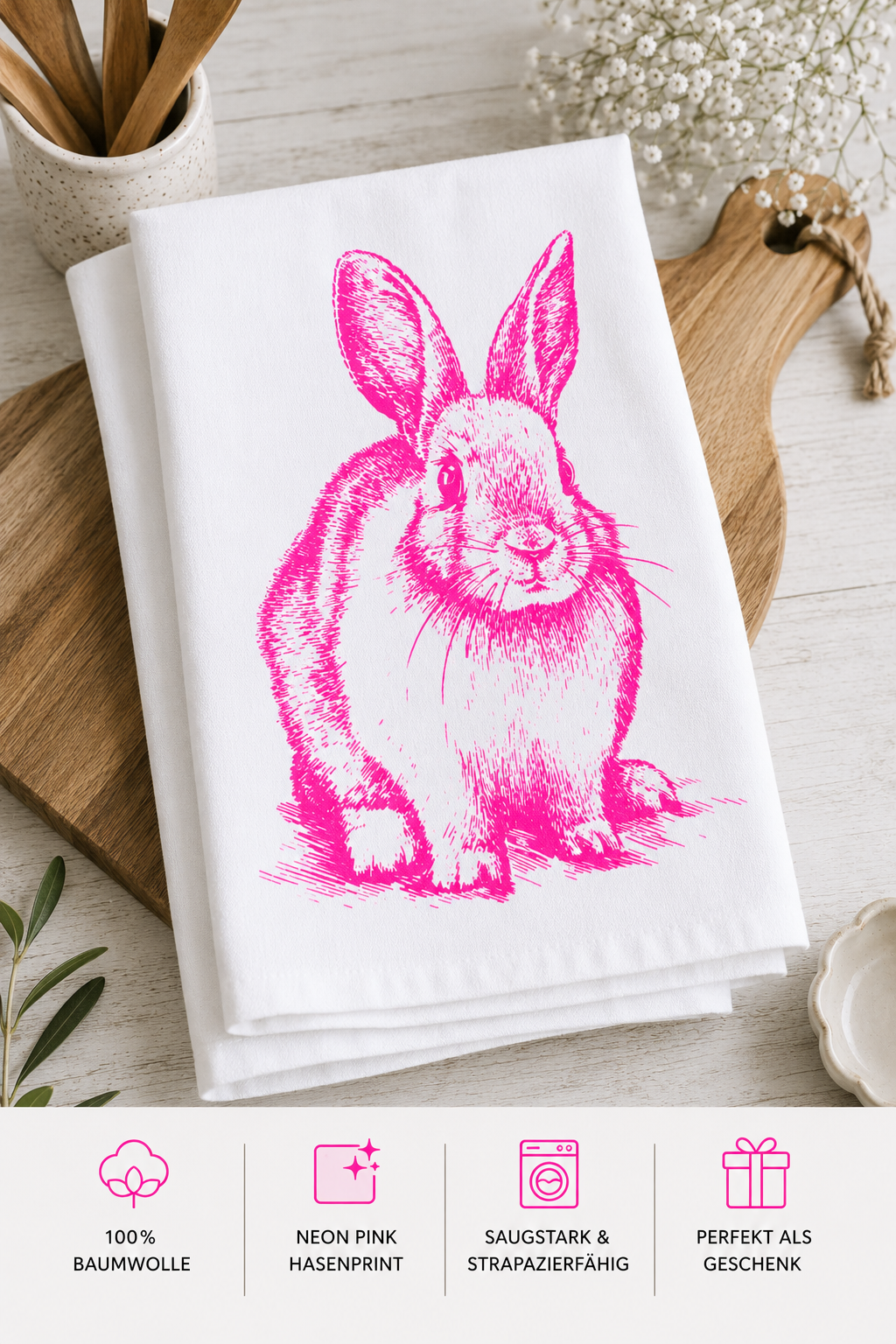 Geschirrtuch Hase Neon Pink | Oster Geschirrtuch Baumwolle | Küchenhandtuch mit Hasenprint | Cottagecore Küche | Geschenk Roo's Gift Shop