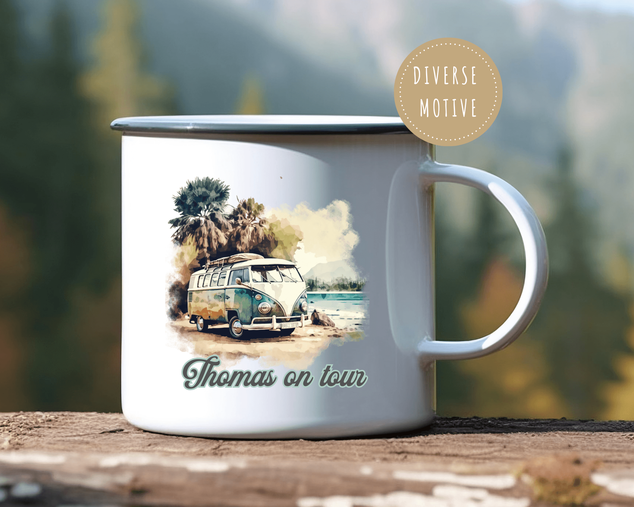 Emaille Tasse | Camping | personalisiert | Retro VW-Bulli - Roo's Gift Shop