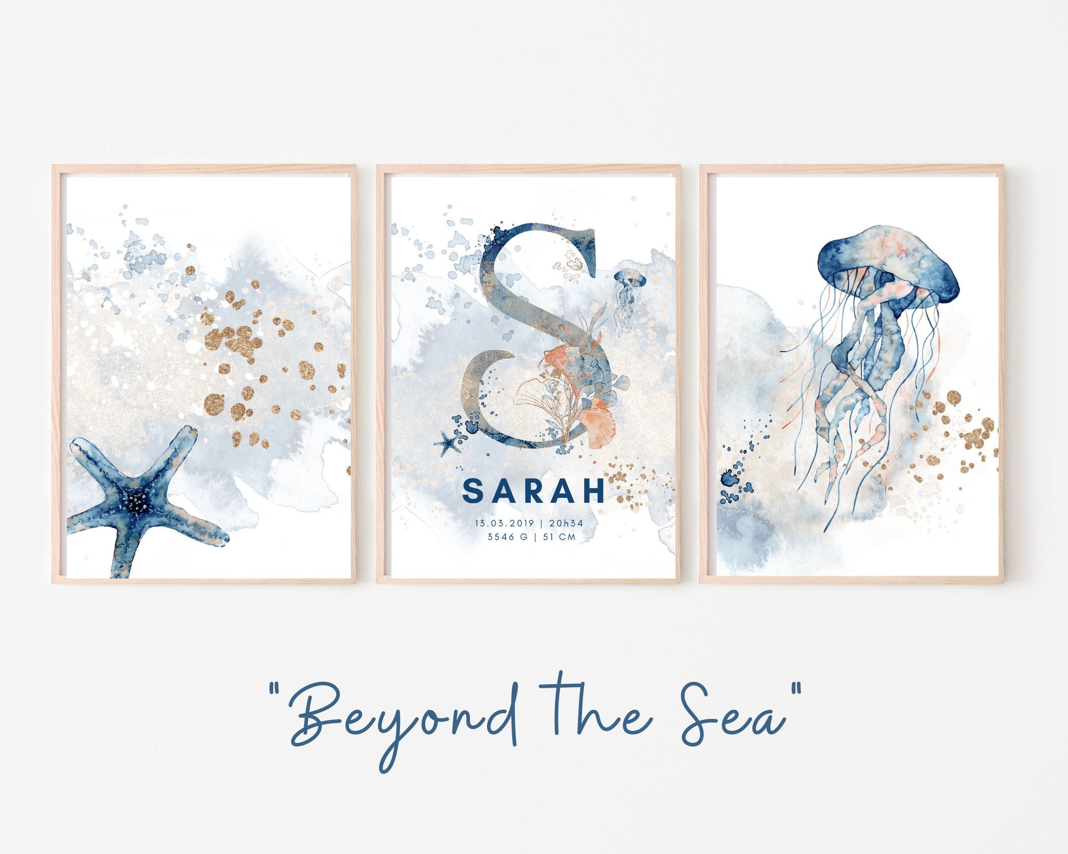 Geburtsposter im 3er-Set | Taufgeschenk | Maritim | Unterwasser | Buchstabe | Aquarell | Tierbild | Bild fürs Baby Kinderzimmer | blau gold