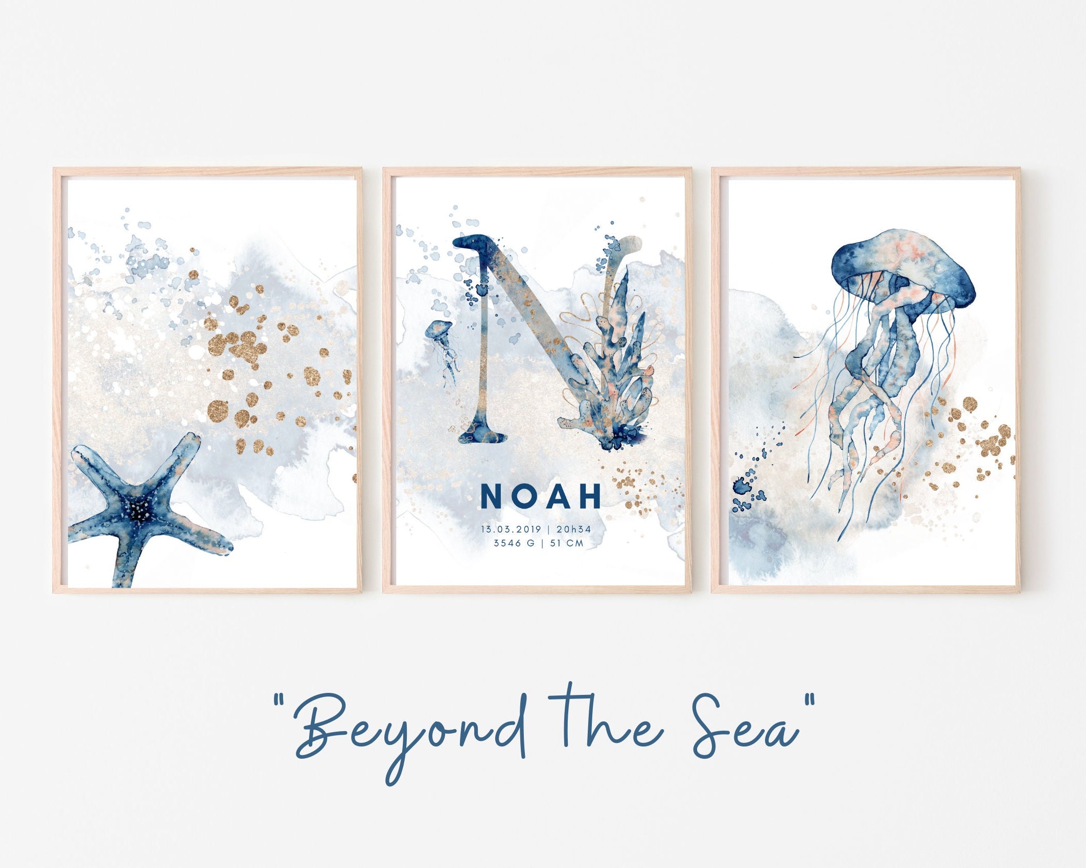 Geburtsposter im 3er-Set | Taufgeschenk | Maritim | Unterwasser | Buchstabe | Aquarell | Tierbild | Bild fürs Baby Kinderzimmer | blau gold