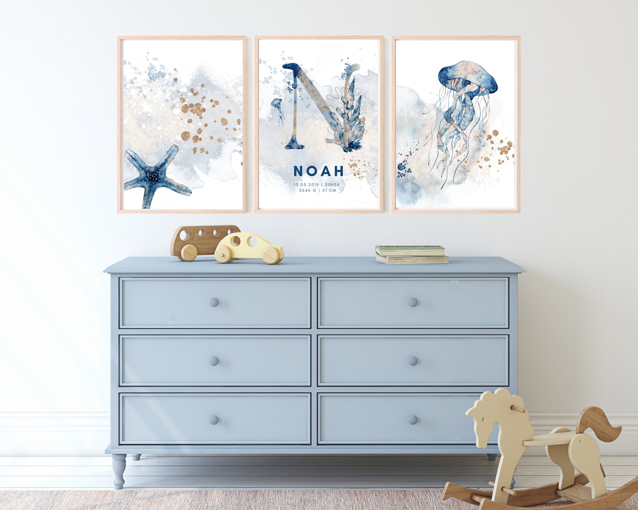 Geburtsposter im 3er-Set | Taufgeschenk | Maritim | Unterwasser | Buchstabe | Aquarell | Tierbild | Bild fürs Baby Kinderzimmer | blau gold