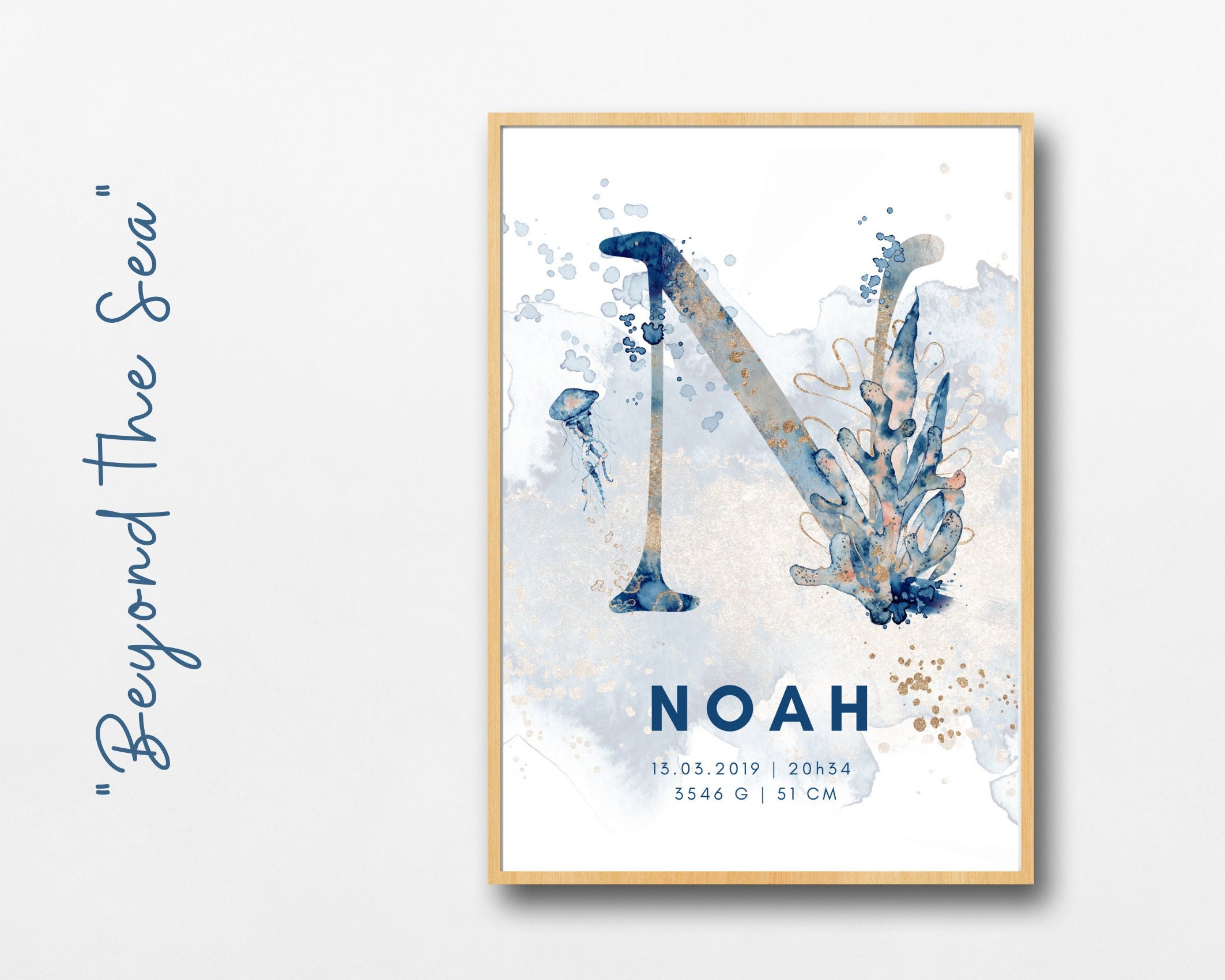 Geburtsposter im 3er-Set | Taufgeschenk | Maritim | Unterwasser | Buchstabe | Aquarell | Tierbild | Bild fürs Baby Kinderzimmer | blau gold