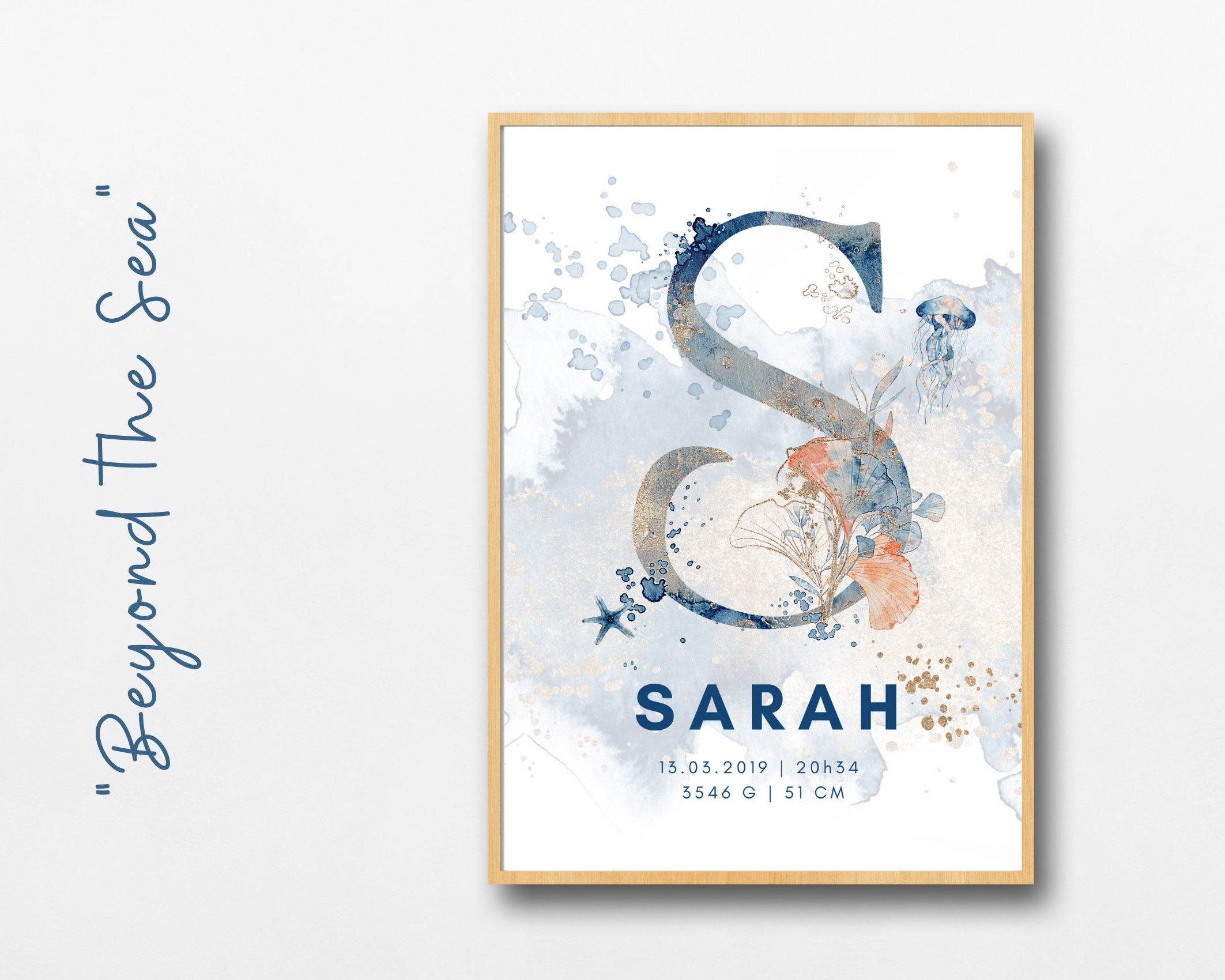 Geburtsposter im 3er-Set | Taufgeschenk | Maritim | Unterwasser | Buchstabe | Aquarell | Tierbild | Bild fürs Baby Kinderzimmer | blau gold