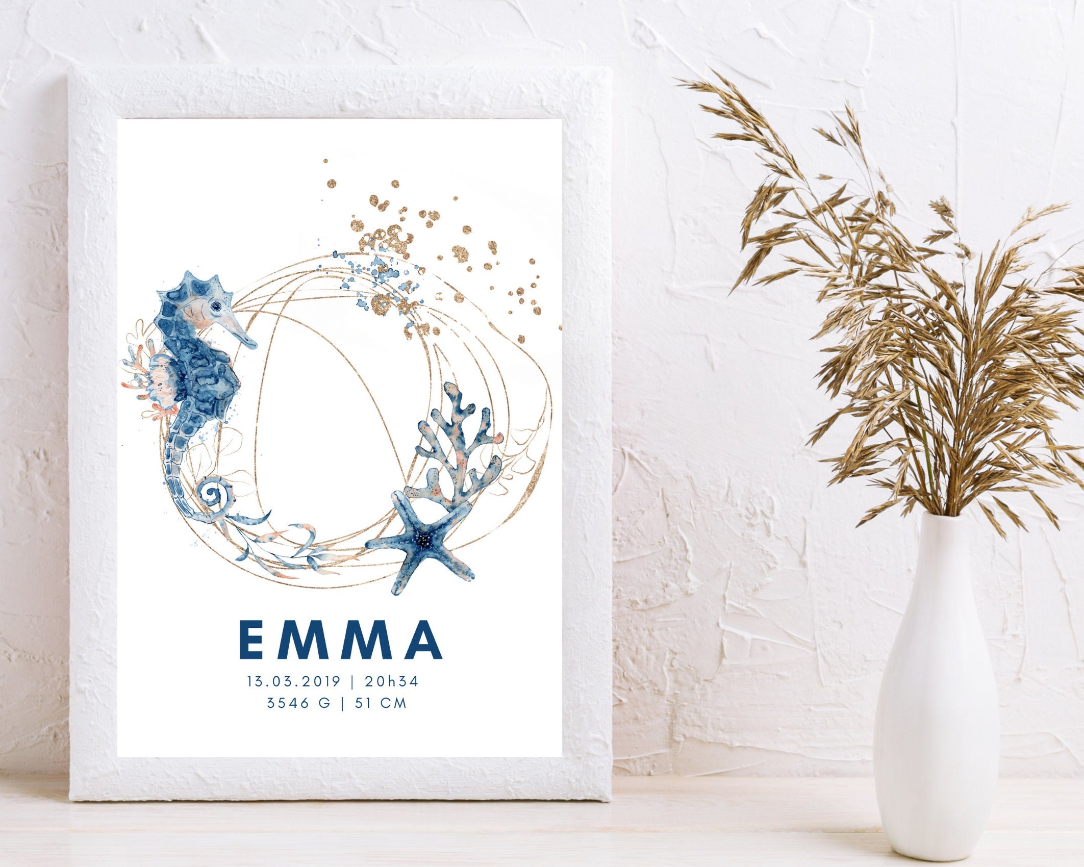 Geburtsposter Name Kind | Taufgeschenk | Individualisierter Print | Oktopus Seepferd Aquarell | Tierbild | Bild Baby Kinderzimmer blau gold