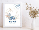 Geburtsposter Name Kind | Taufgeschenk | Individualisierter Print | Oktopus Seepferd Aquarell | Tierbild | Bild Baby Kinderzimmer blau gold