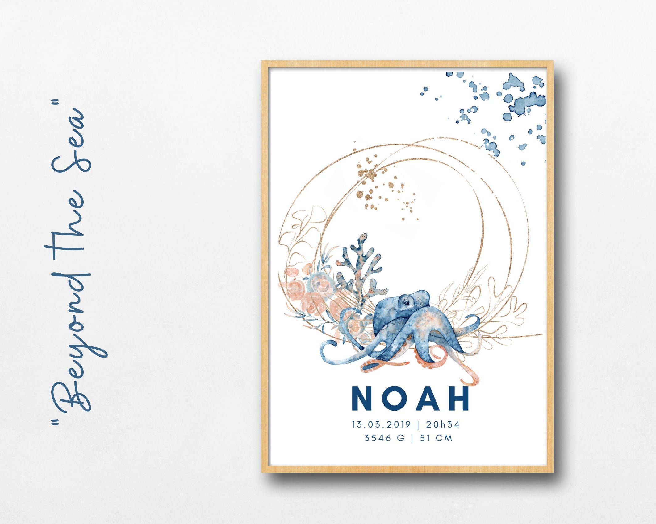Geburtsposter Name Kind | Taufgeschenk | Individualisierter Print | Oktopus Seepferd Aquarell | Tierbild | Bild Baby Kinderzimmer blau gold