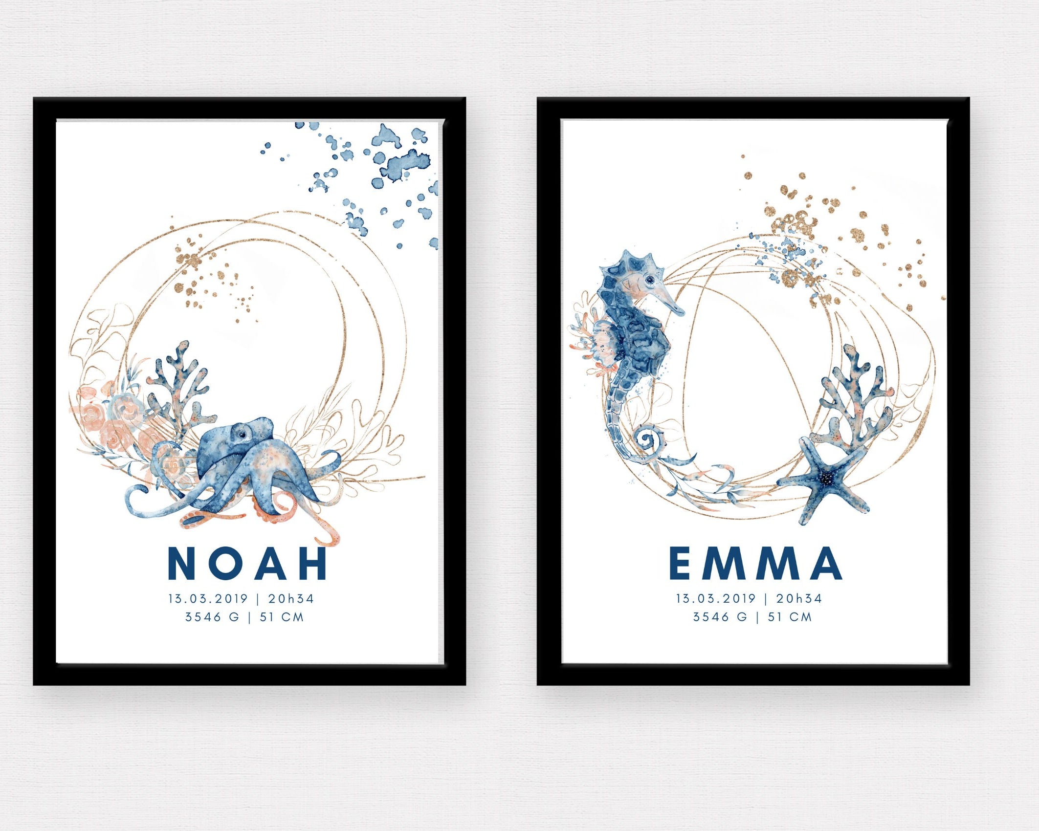Geburtsposter Name Kind | Taufgeschenk | Individualisierter Print | Oktopus Seepferd Aquarell | Tierbild | Bild Baby Kinderzimmer blau gold