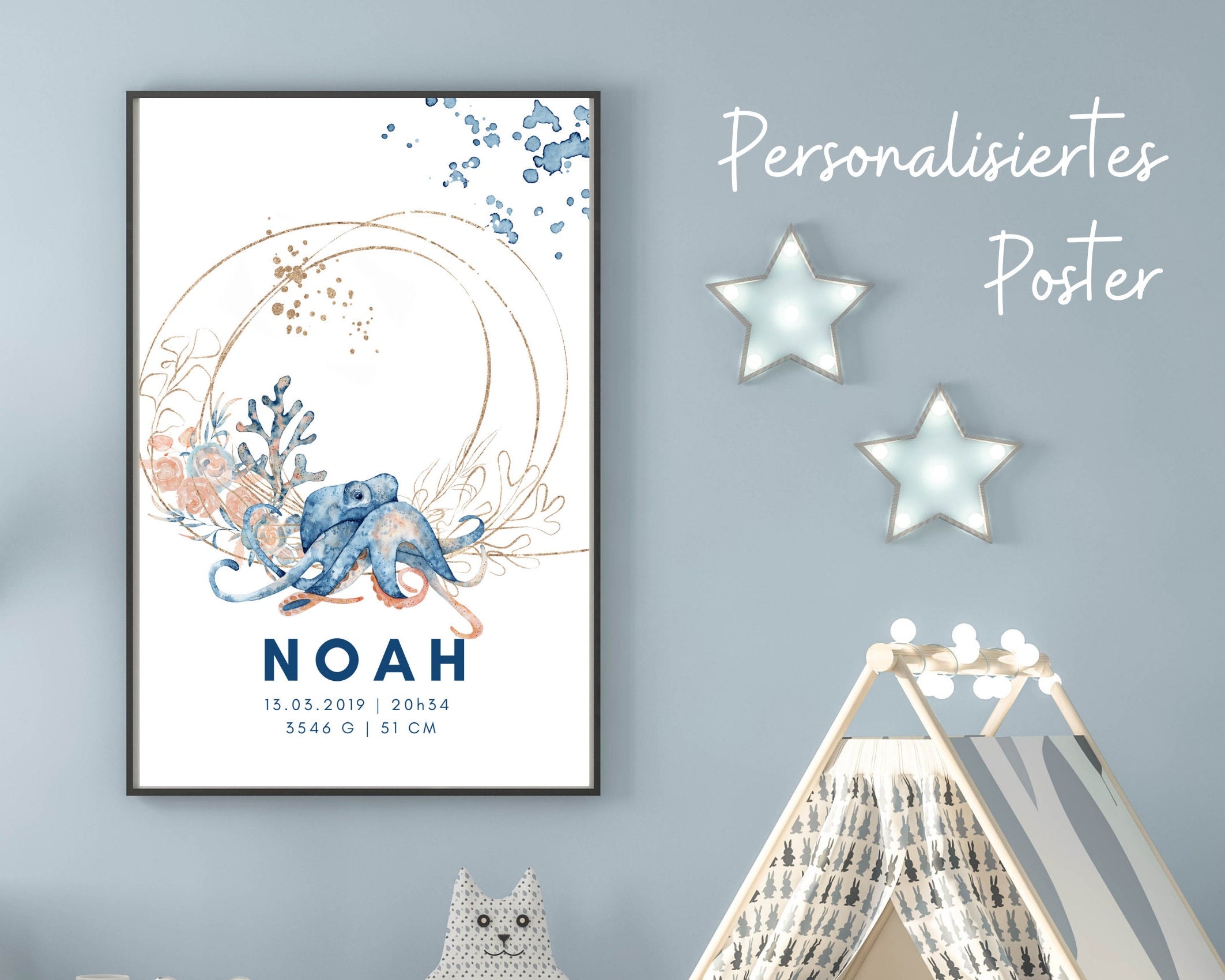 Geburtsposter Name Kind | Taufgeschenk | Individualisierter Print | Oktopus Seepferd Aquarell | Tierbild | Bild Baby Kinderzimmer blau gold