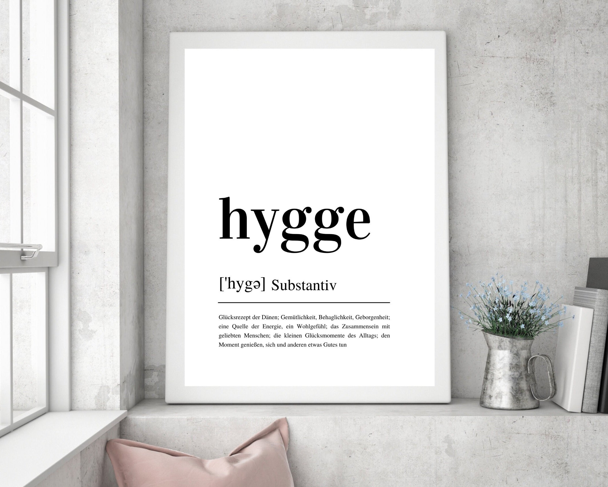 Design Poster | HYGGE | Definition | Digital Print | Typo Bild | gerahmter Kunstdruck | Duden Lautschrift | Gemütlichkeit | Happy | Rahmen