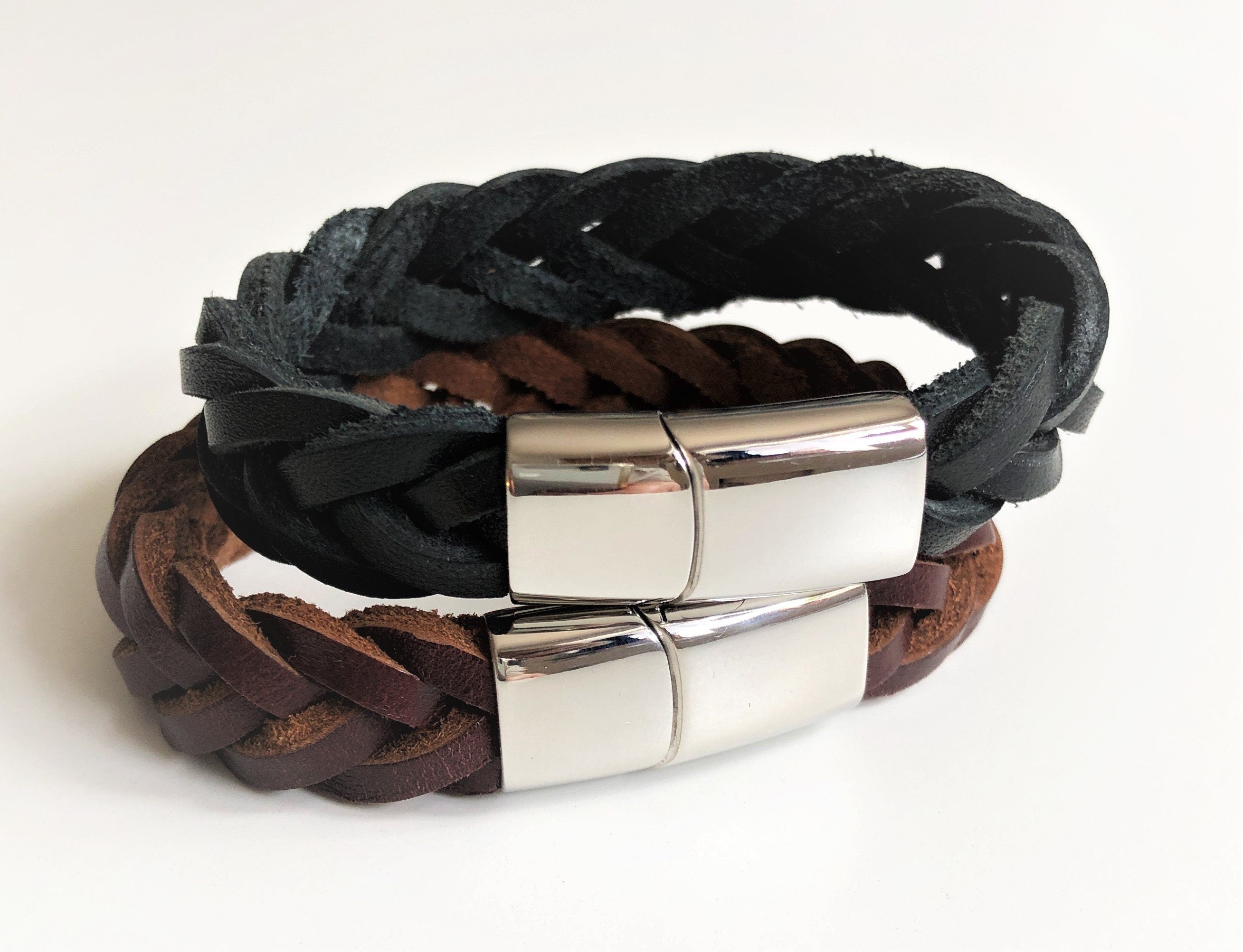 Braunes geflochtenes Lederarmband für Männer | Verschluss Edelstahl | Herrenarmband | Geschenk Vatertag
