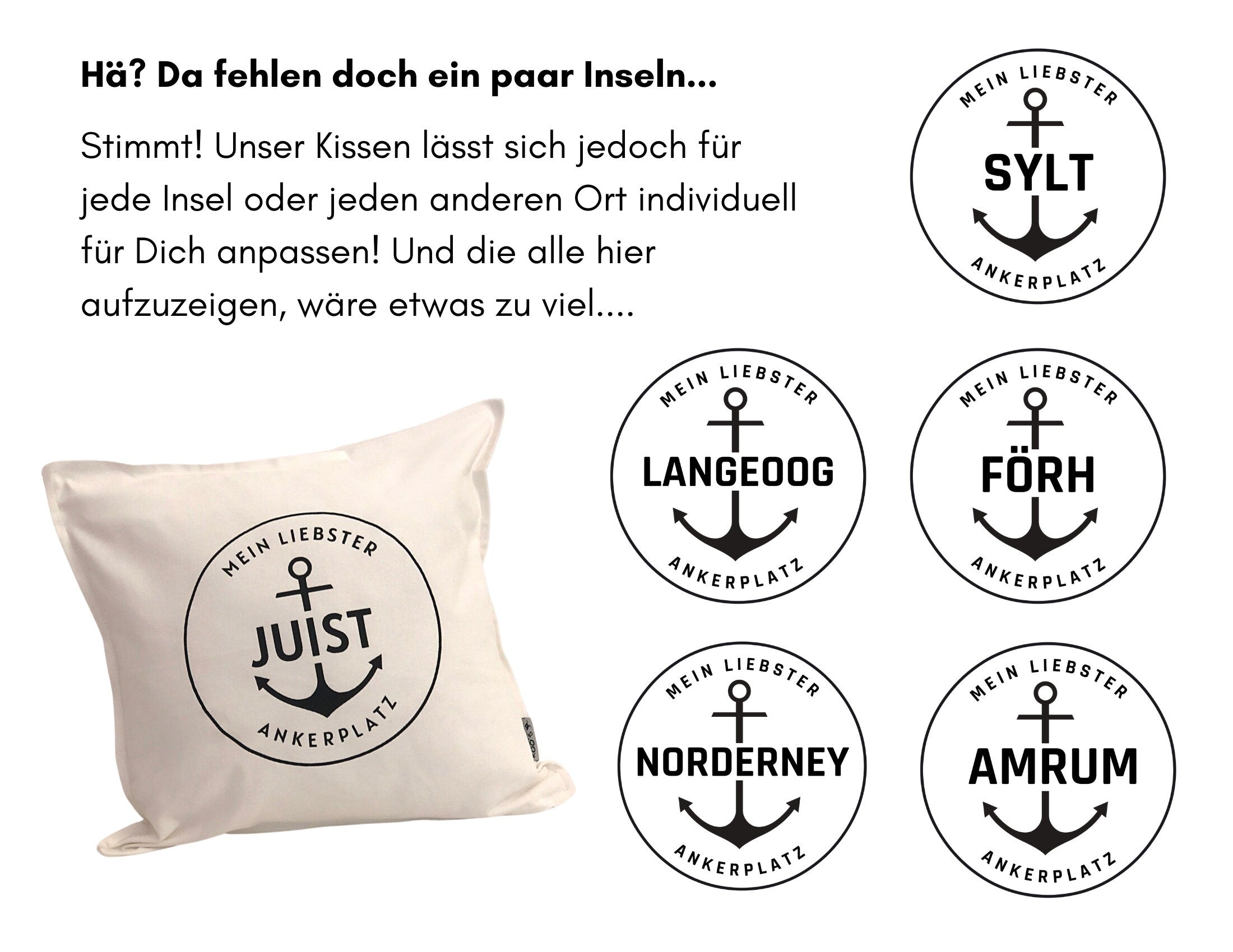 Personalisiertes Insel Kissen | Sylt, Amrum, Juist, Föhr, Langeoog, Norderney | Maritime Deko mit Wunschinsel | 50 x 50 cm Küsten Kissen