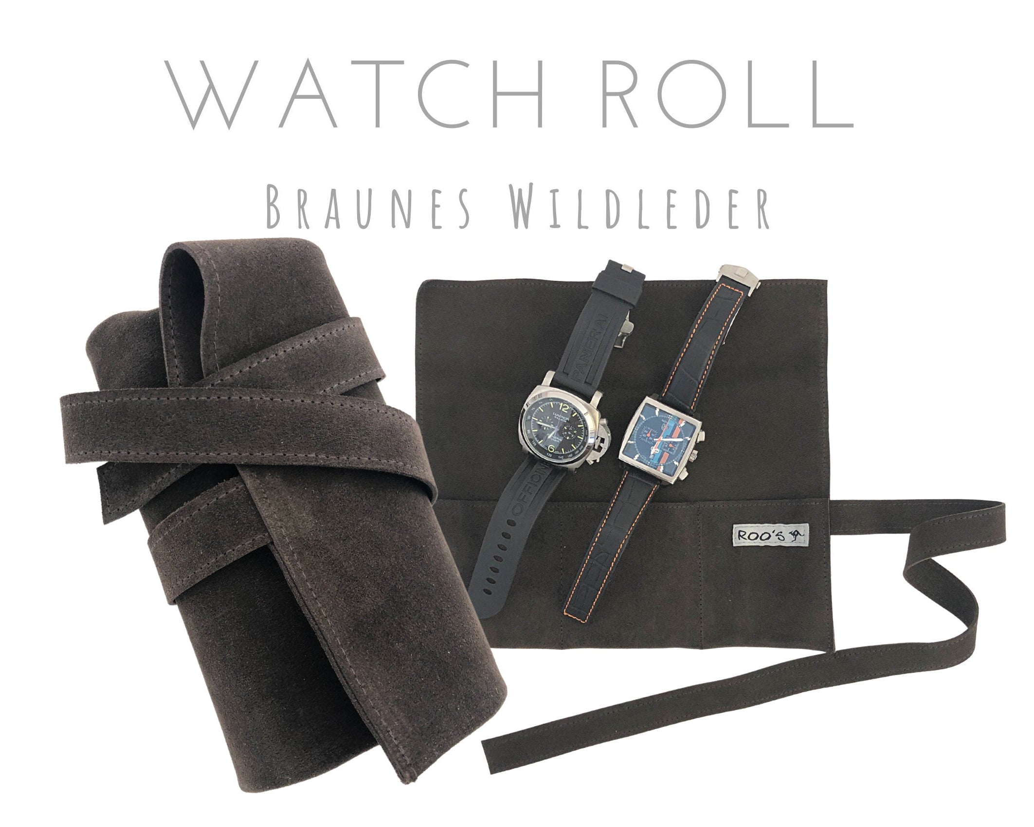 Braune Watch Rolls aus Wildleder | Geschenk Mann | Armbanduhren Rolle | Reise Uhren Etui | Uhrenrolle Leder | als 3er oder 4er