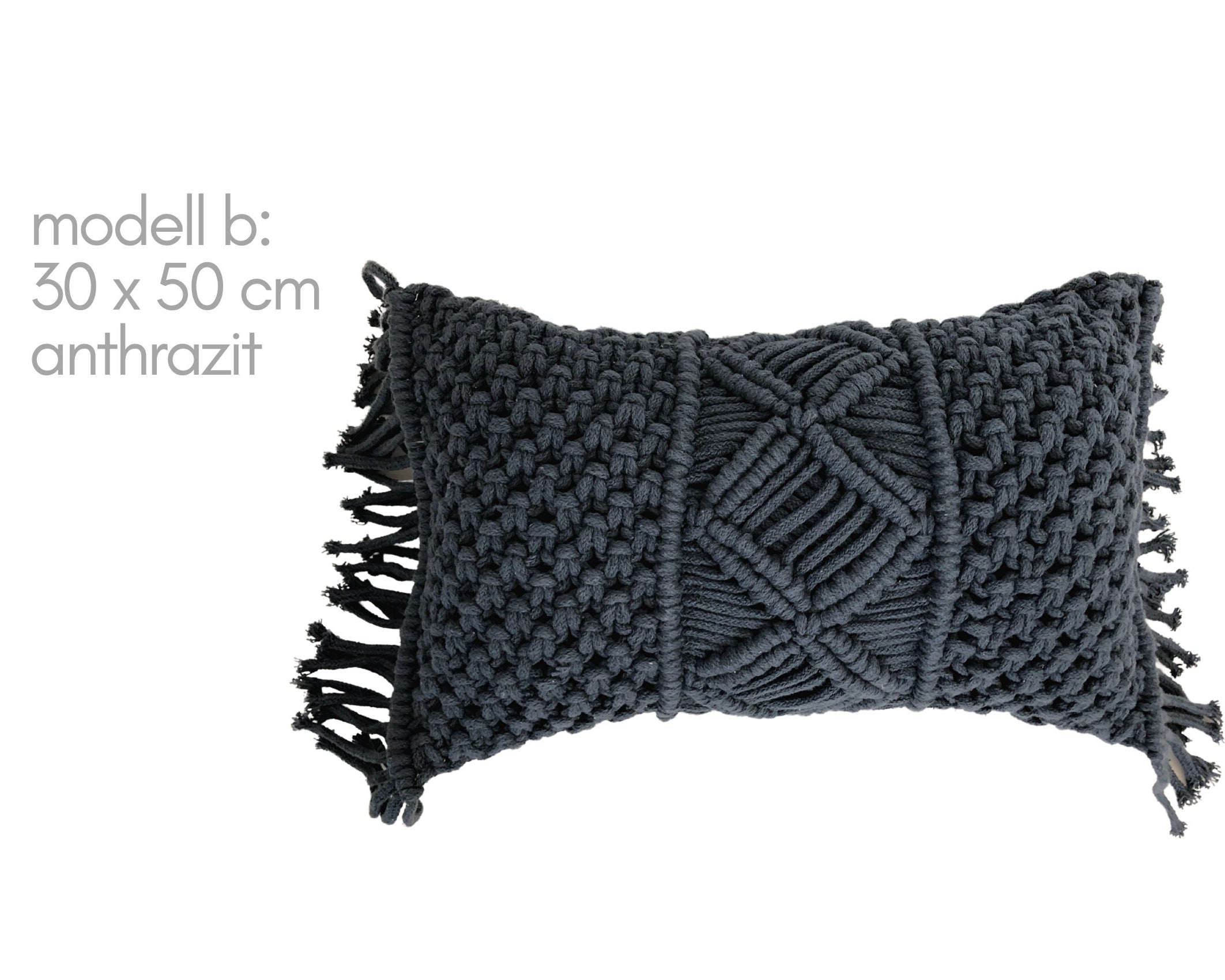 Kissen | Makramee Kissen | Boho Kissen hellgrau anthrazit | Querformat 30 x50 | geknüpt | Fransen | Perlen Macramee | mit Füllung
