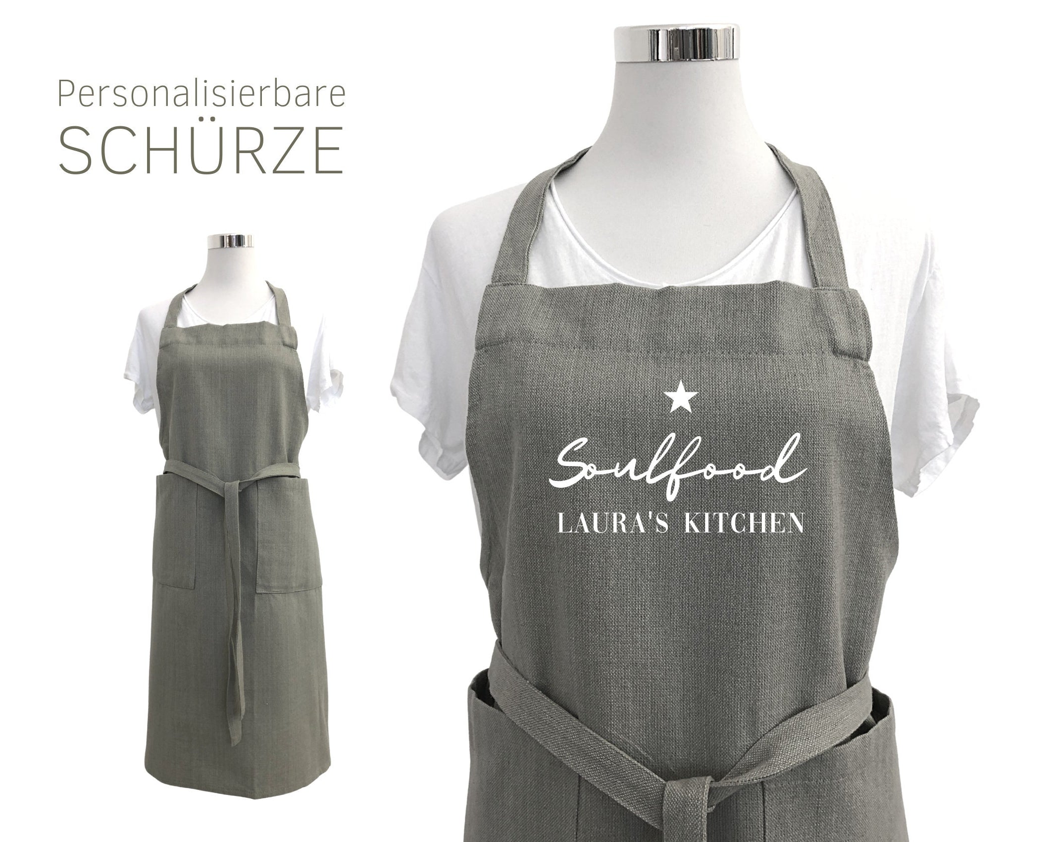Schürze personalisiert | edle natur graue Leinen-Optik | Schrift in schwarz oder weiß | Schürze mit Deinem Namen | One Size