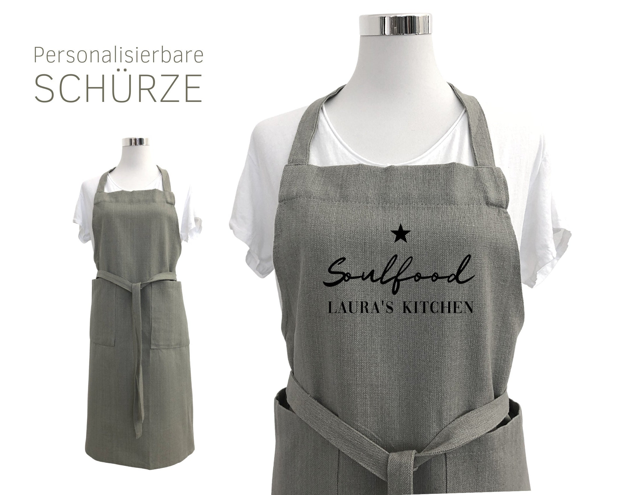 Schürze personalisiert | edle natur graue Leinen-Optik | Schrift in schwarz oder weiß | Schürze mit Deinem Namen | One Size