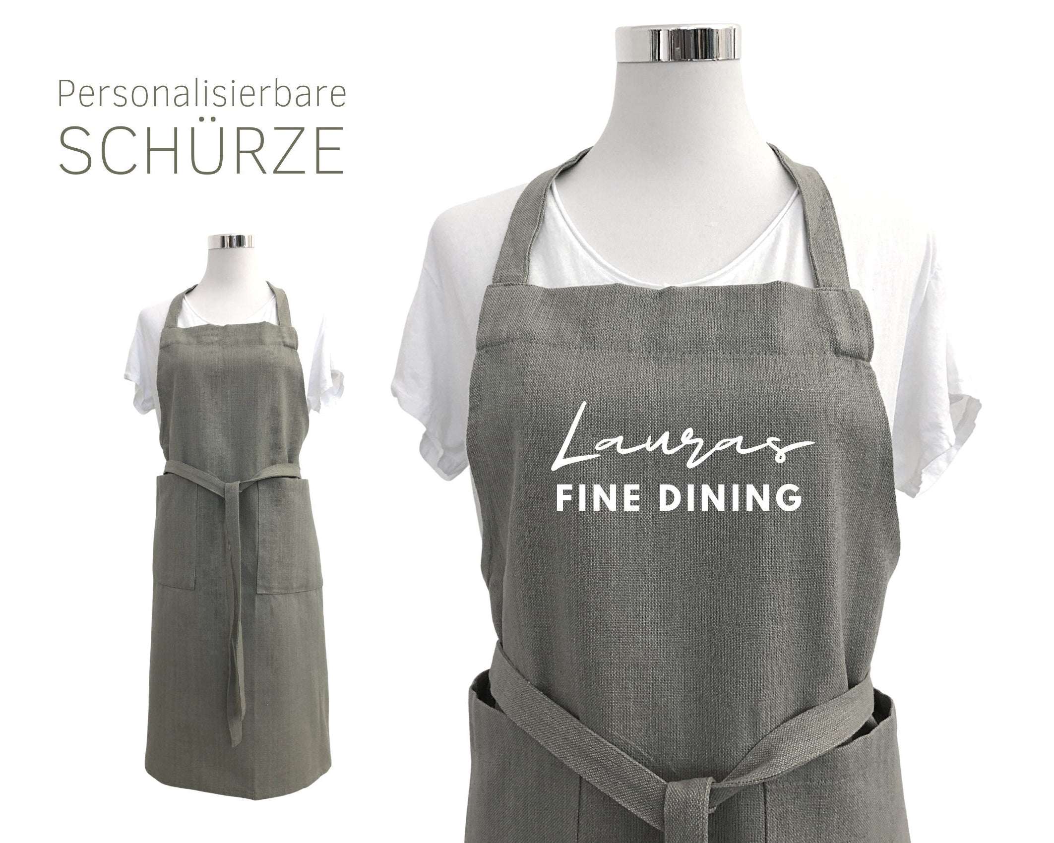 Schürze personalisiert | edle natur graue Leinen-Optik | Schrift in schwarz oder weiß | Schürze mit Deinem Namen | One Size