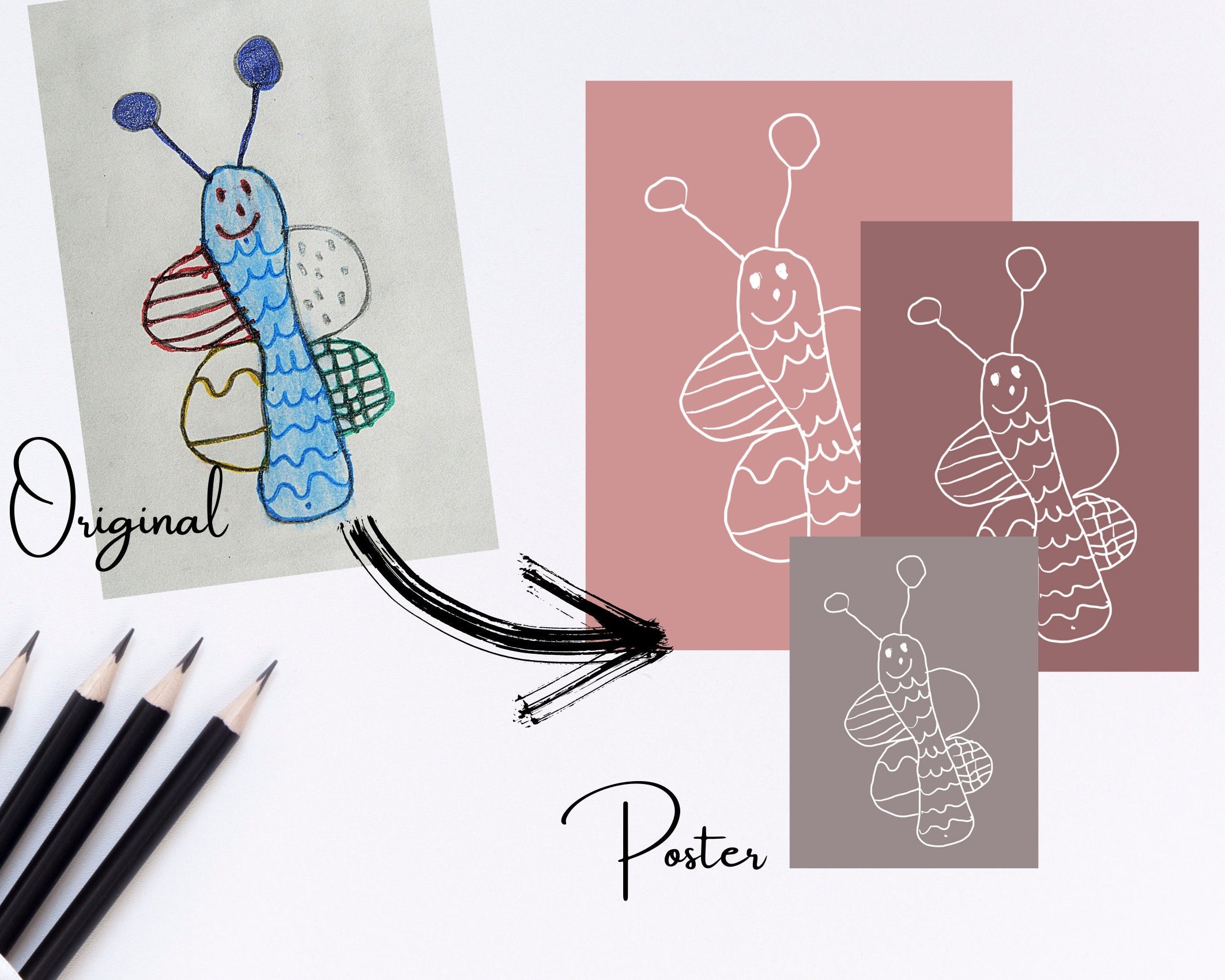 Kinder Kunstwerk Poster | Kinderzeichnung als personalisierter Posterdruck | Dein Kinderbild als Poster mit Hintergrund Farbe nach Wunsch