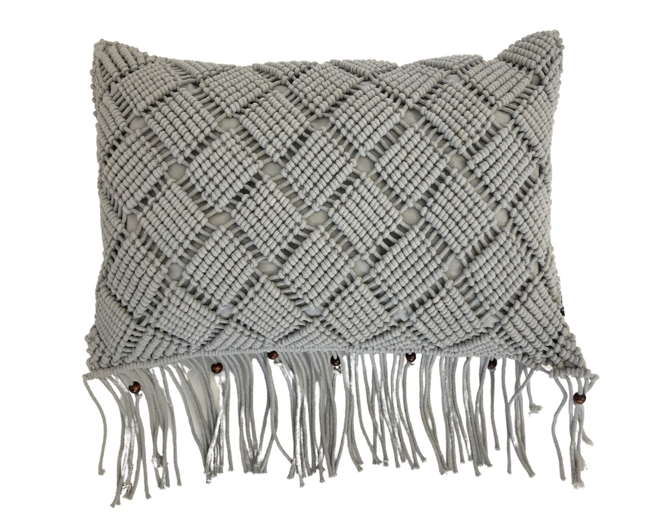 Kissen | Makramee Kissen | Boho Kissen hellgrau anthrazit | Querformat 30 x50 | geknüpt | Fransen | Perlen Macramee | mit Füllung