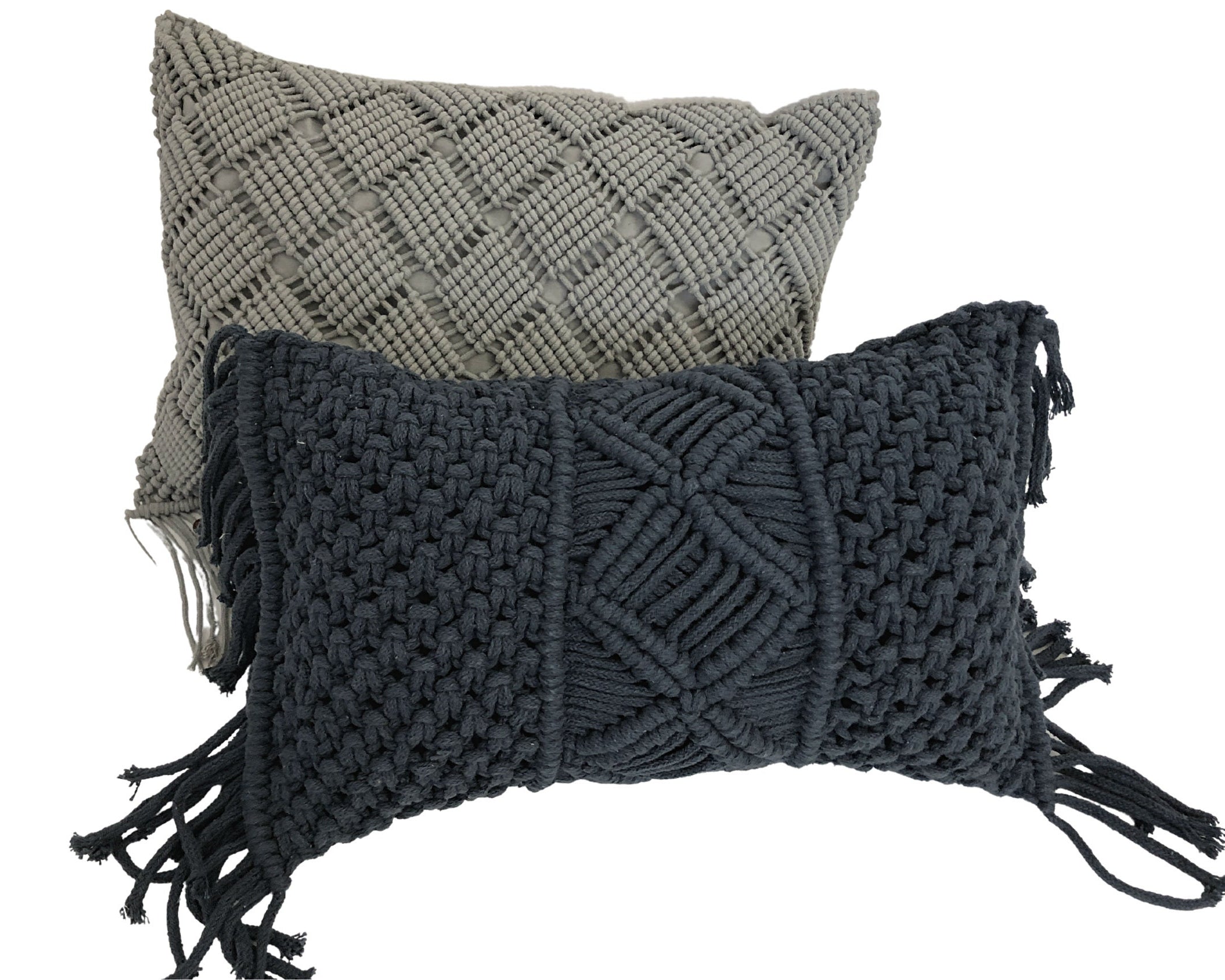Kissen | Makramee Kissen | Boho Kissen hellgrau anthrazit | Querformat 30 x50 | geknüpt | Fransen | Perlen Macramee | mit Füllung