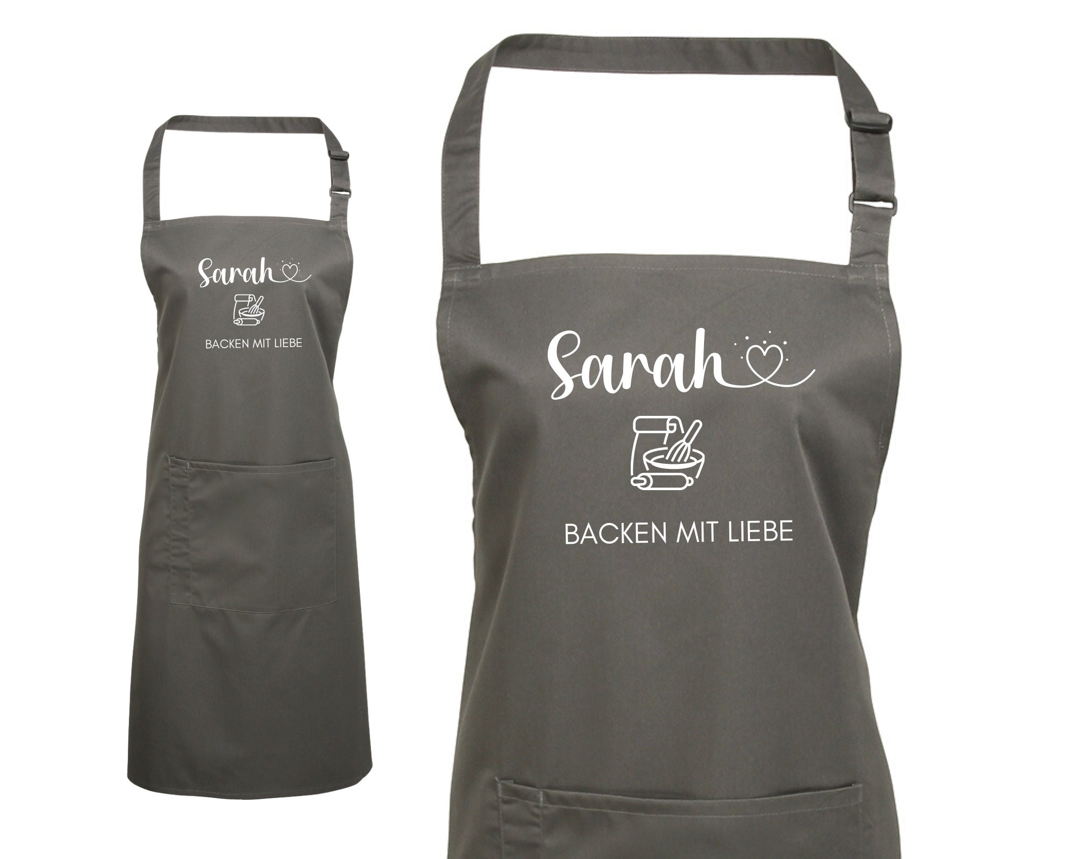 Schürze personalisiert | Backen mit Liebe | Backschürze mit Deinem Namen | One Size | weiß, grau, pink