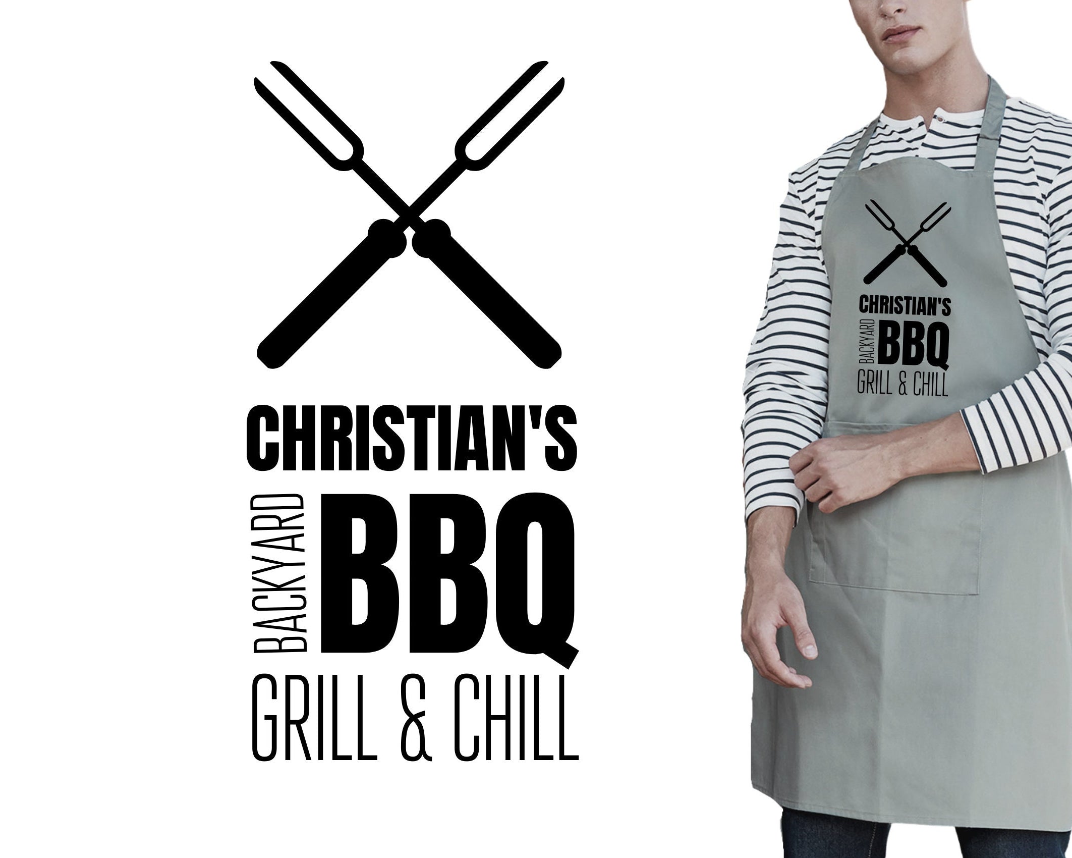 Personalisierte Schürze | Grillen | BBQ Schürze für Männer mit Namen | weiß, grau, schwarz | beschriftet