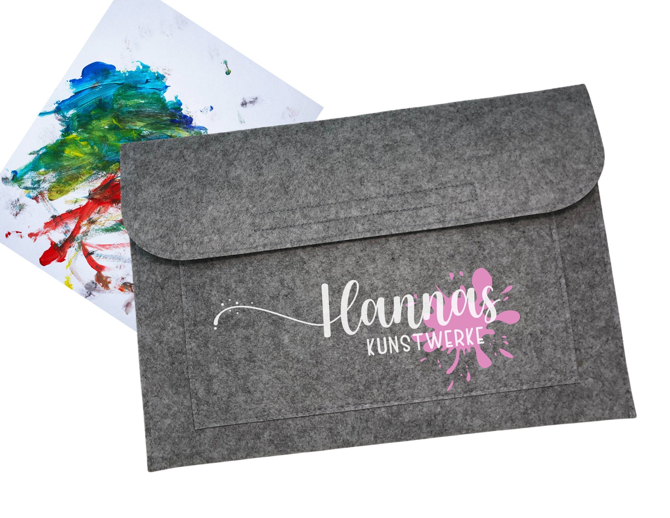 Graue Sammelmappe | personalisierte Filzmappe | passend für DIN A4 | Name des Kindes | Schule | Kita | Kunstwerke Bilder Zeichnungen