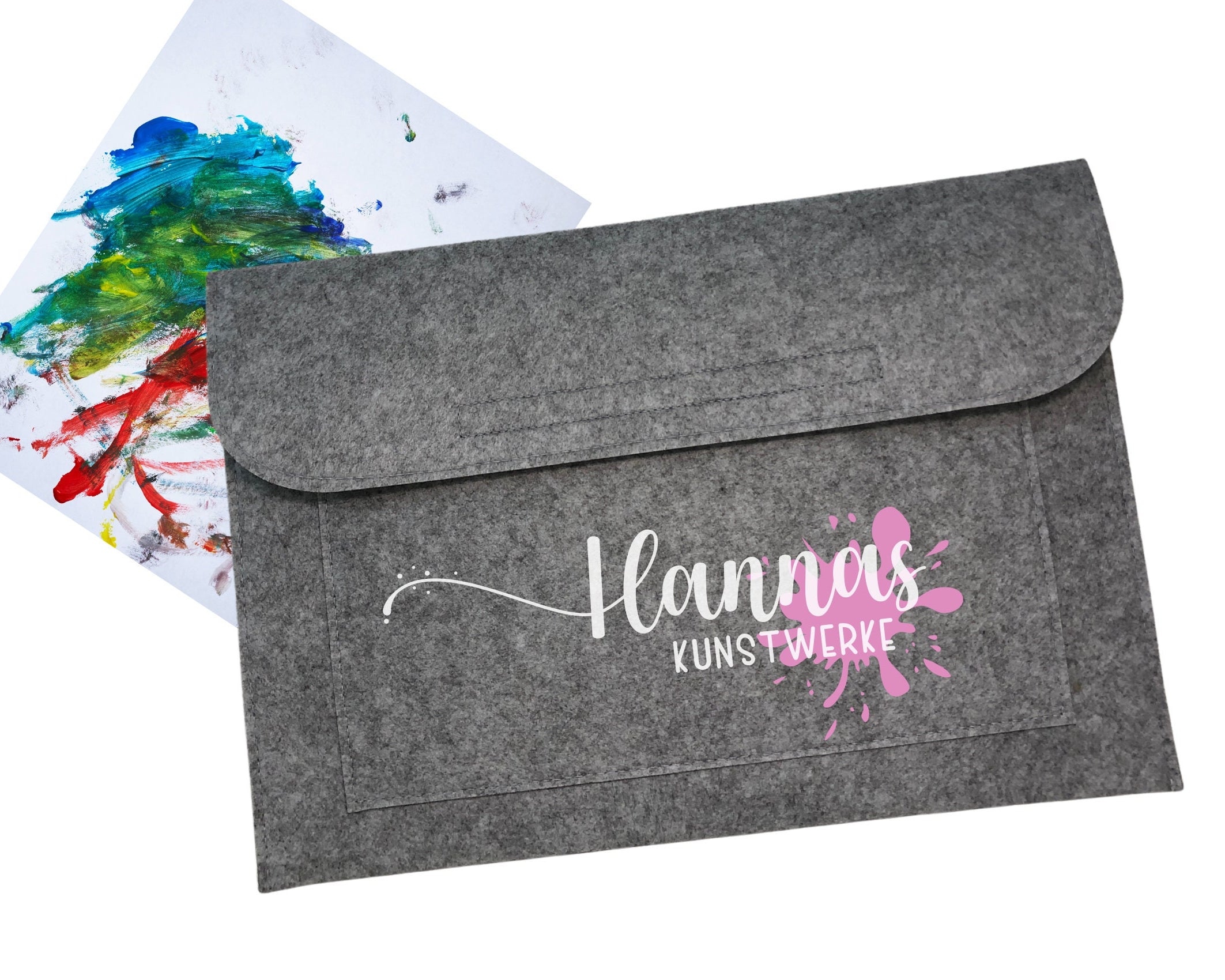 Hellgraue Sammelmappe | personalisierte Filzmappe | passend für DIN A4 | Name des Kindes | Schule | Kita | Kunstwerke Bilder Zeichnungen