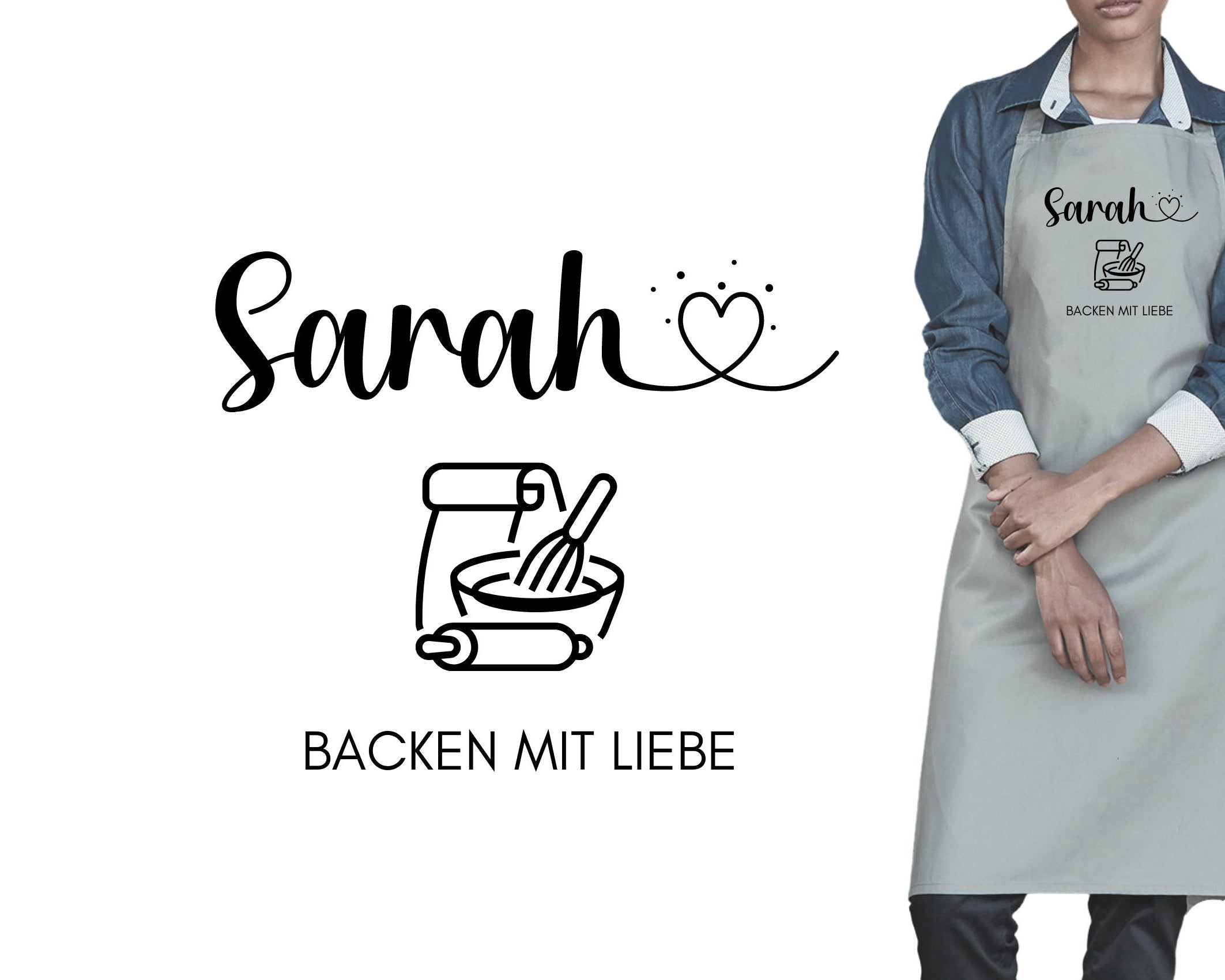 Schürze personalisiert | Backen mit Liebe | Backschürze mit Deinem Namen | One Size | weiß, grau, pink