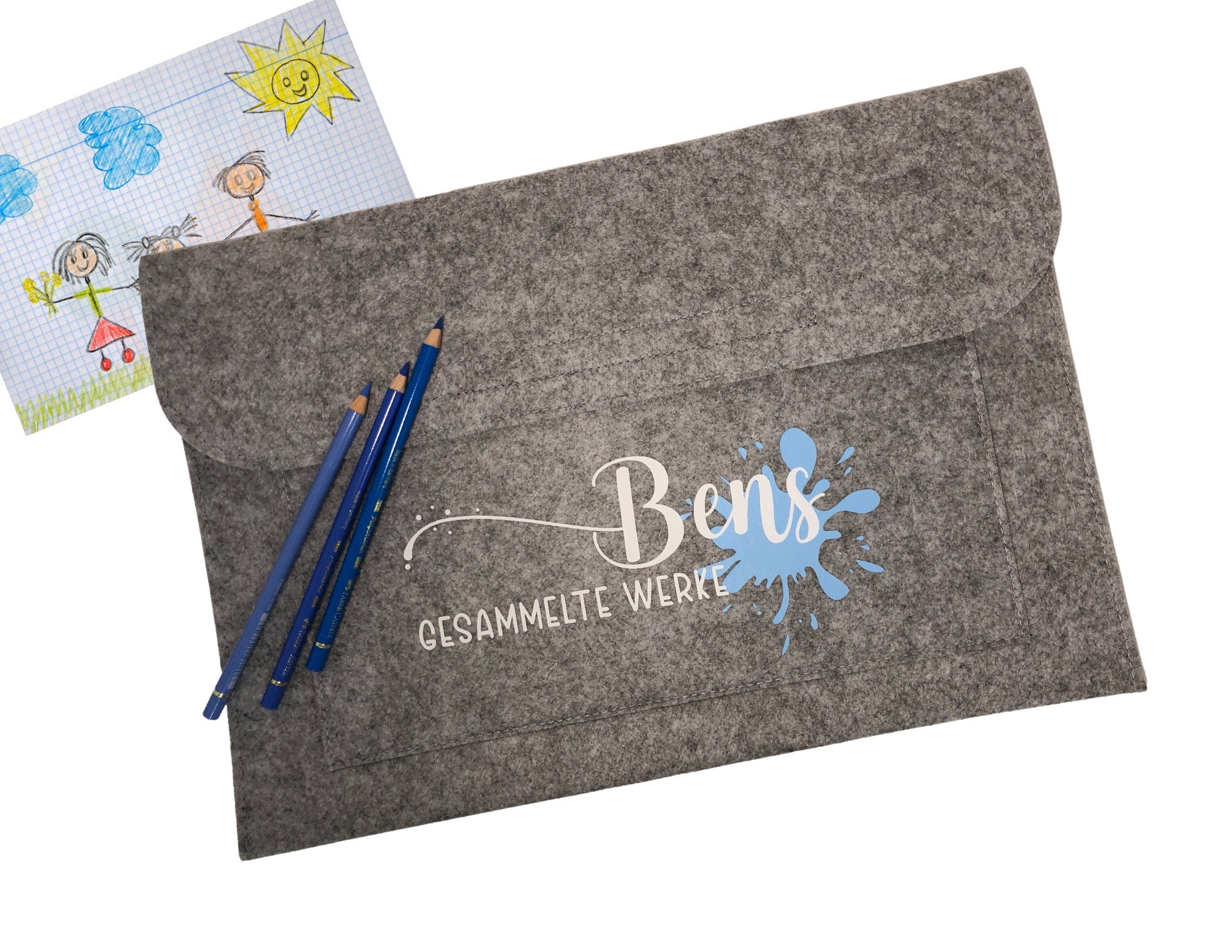 Graue Sammelmappe | personalisierte Filzmappe | passend für DIN A4 | Name des Kindes | Schule | Kita | Kunstwerke Bilder Zeichnungen
