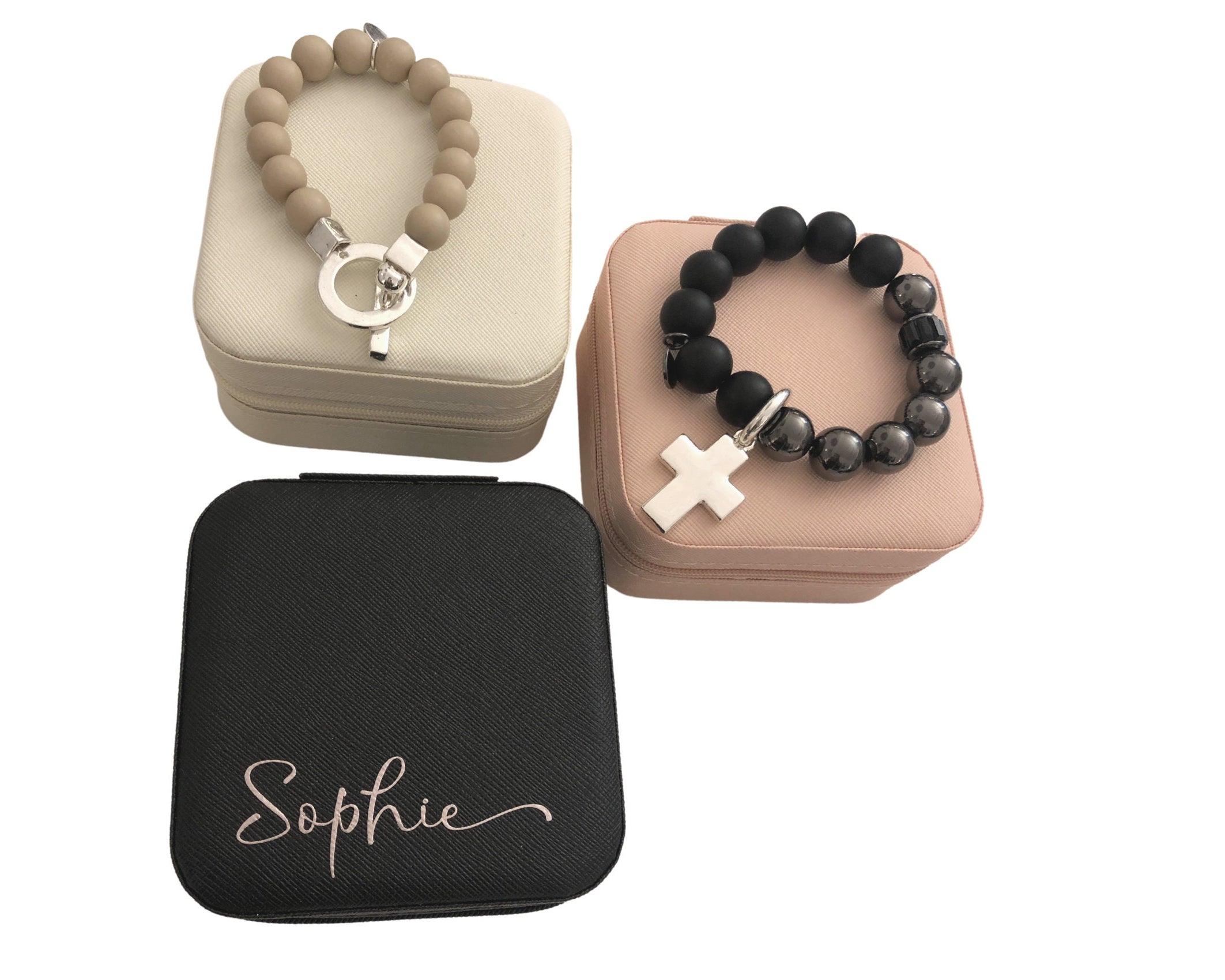 Schmuck-Etui für die Reise | personalisierte Schmuckbox | kleine Schatulle mit Namen | rosa, pink, schwarz, beige