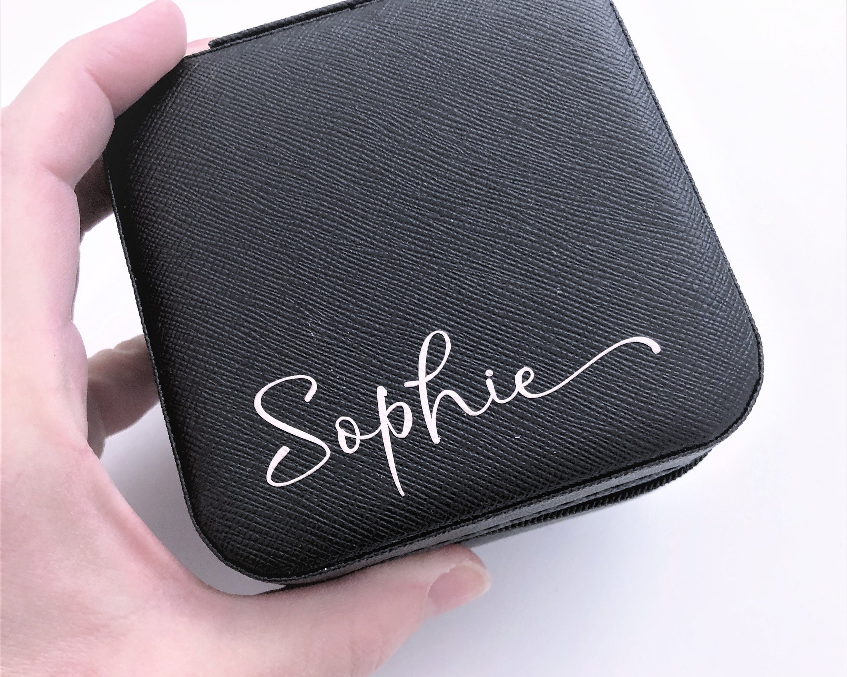 Schmuck-Etui für die Reise | personalisierte Schmuckbox | kleine Schatulle mit Namen | rosa, pink, schwarz, beige
