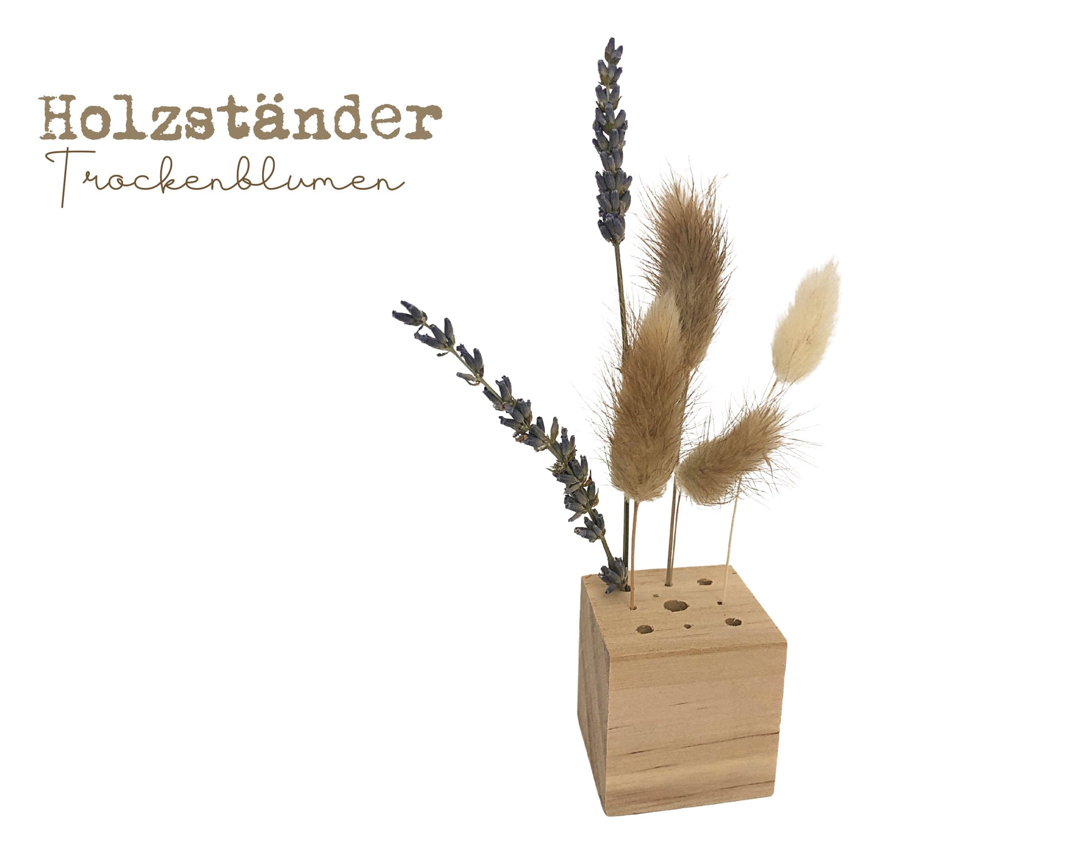 Dried Flowers | Holzwürfel aus Holz | Ständer Trockenblumen Federn | Boho | kleines Geschenk