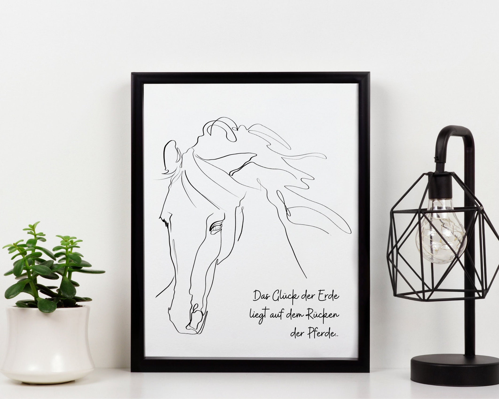 Pferde Portrait nach Foto | One Line Art | Digital Print | Benutzerdefiniertes Bild | gerahmtes Tierportrait | Name | Boho Skandi Stil