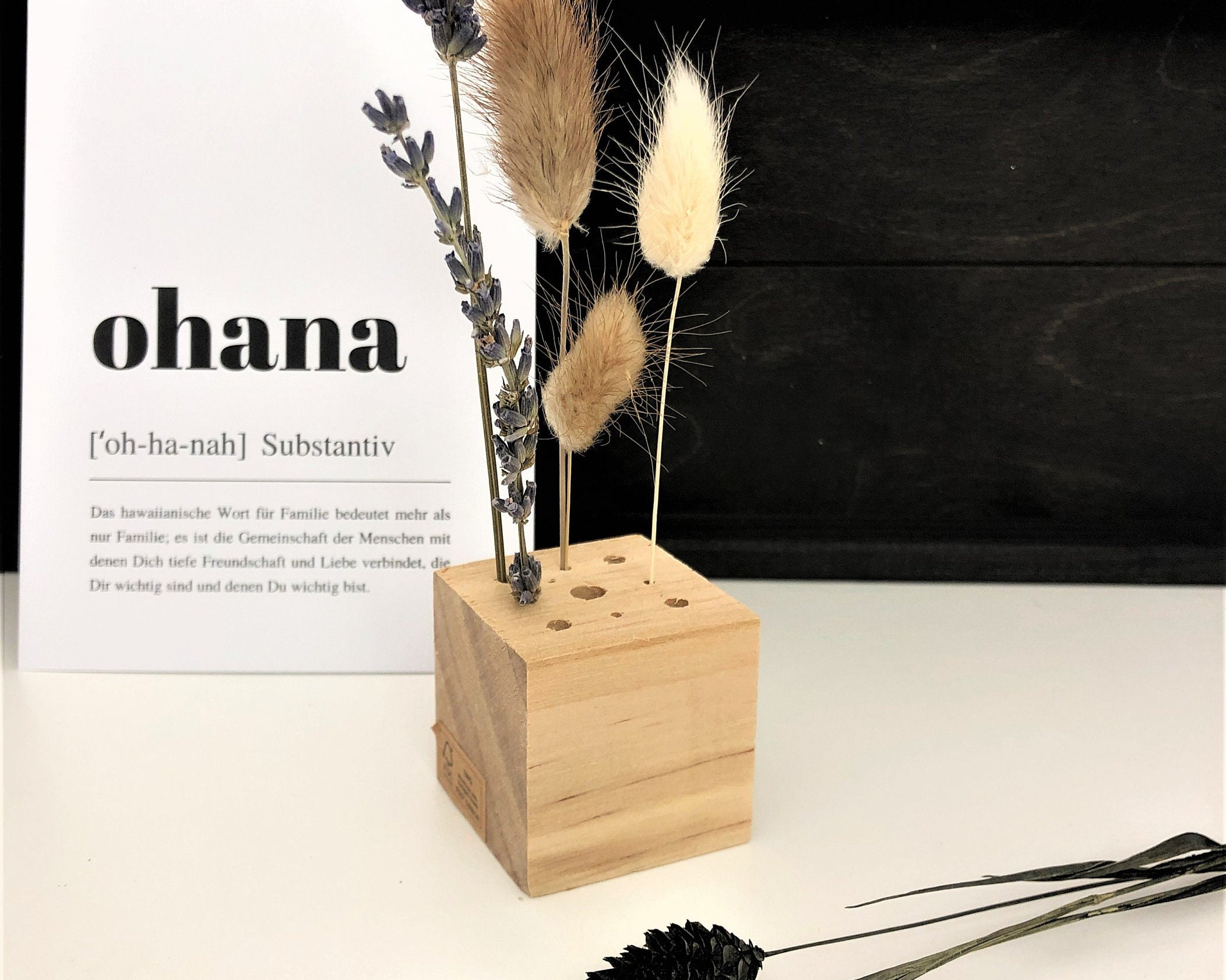 Dried Flowers | Holzwürfel aus Holz | Ständer Trockenblumen Federn | Boho | kleines Geschenk