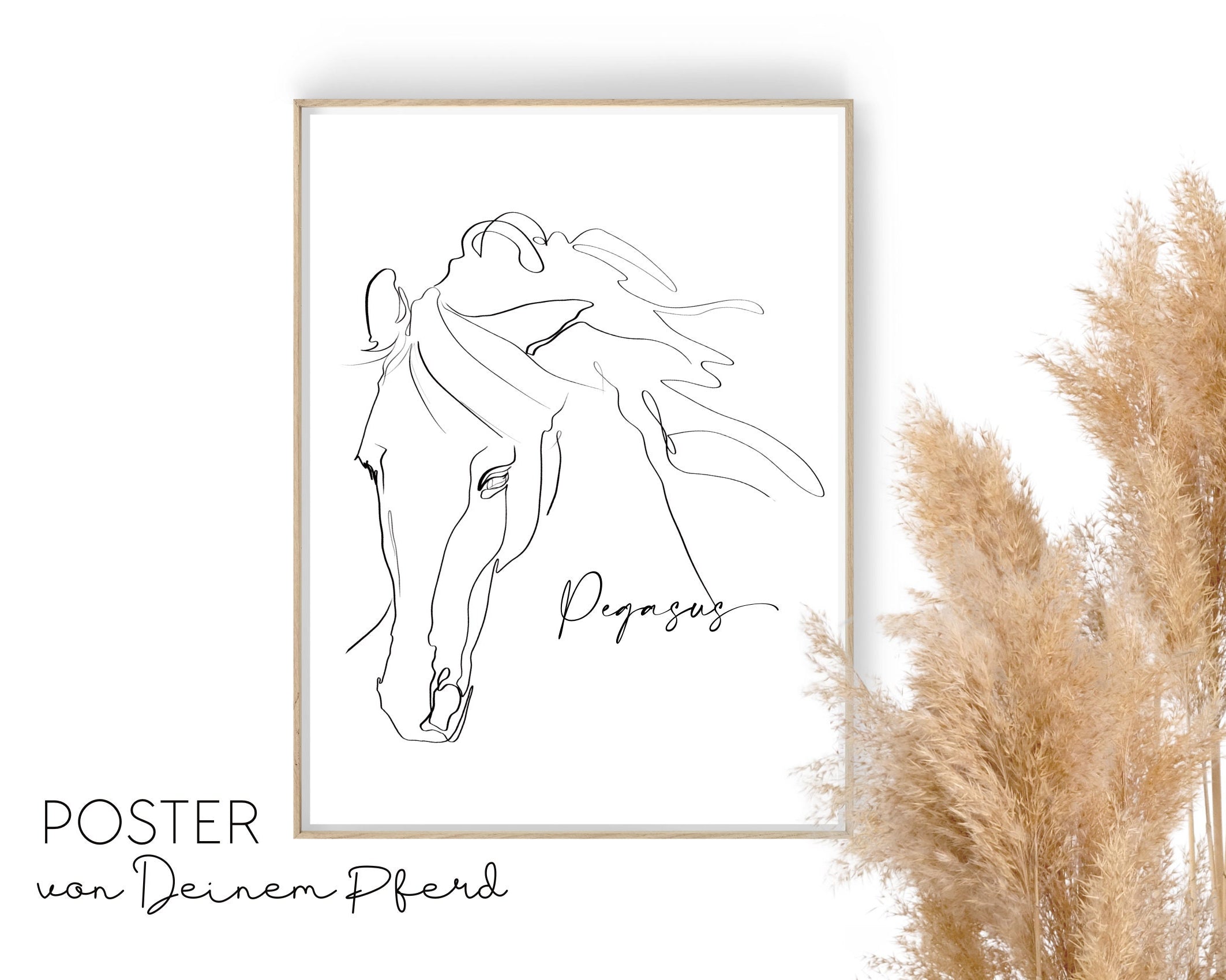 Pferde Portrait nach Foto | One Line Art | Digital Print | Benutzerdefiniertes Bild | gerahmtes Tierportrait | Name | Boho Skandi Stil