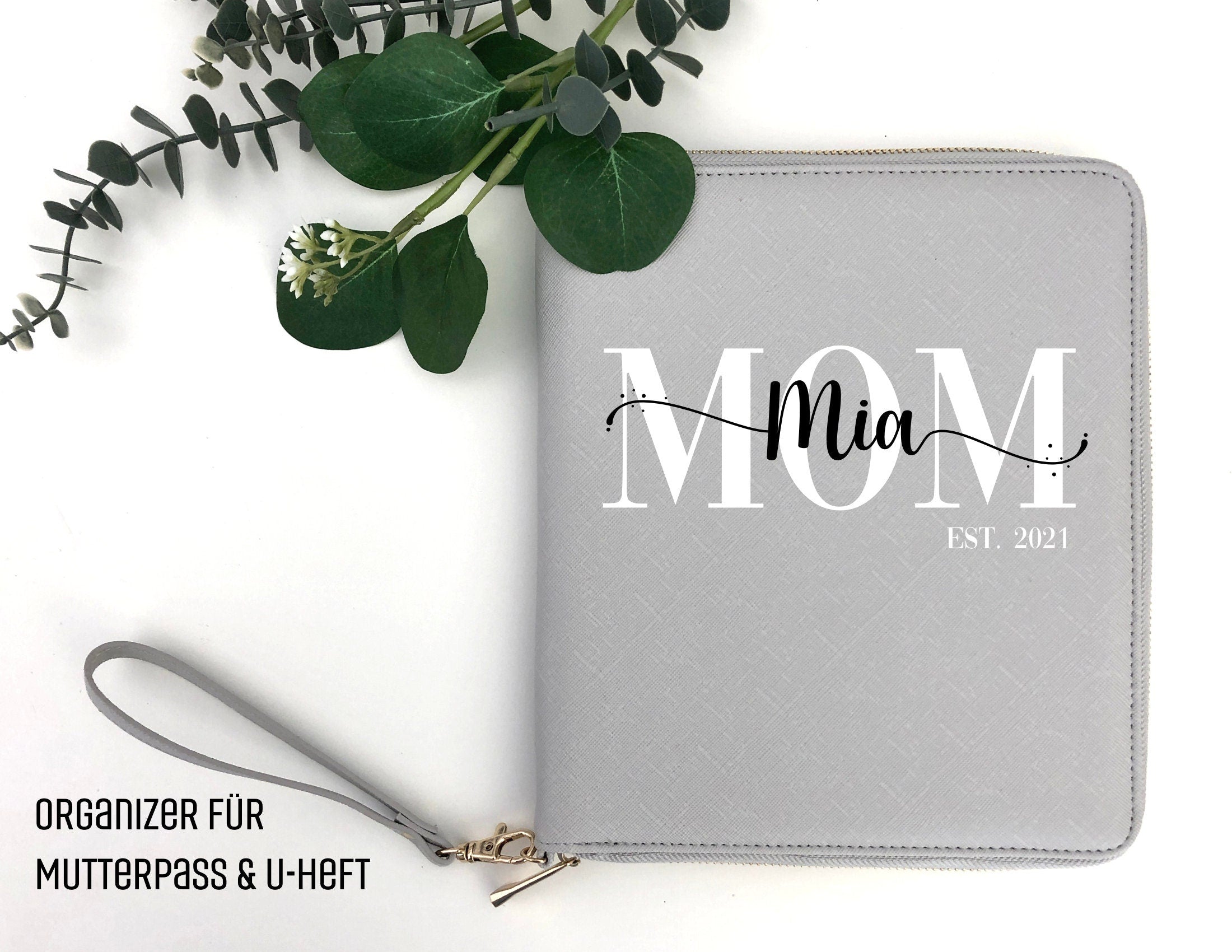 Grauer Organizer für Mutterpass & U-Heft | personalisierte Mappe für alle Unterlagen | Dokumenten Hülle für Mama und Kind
