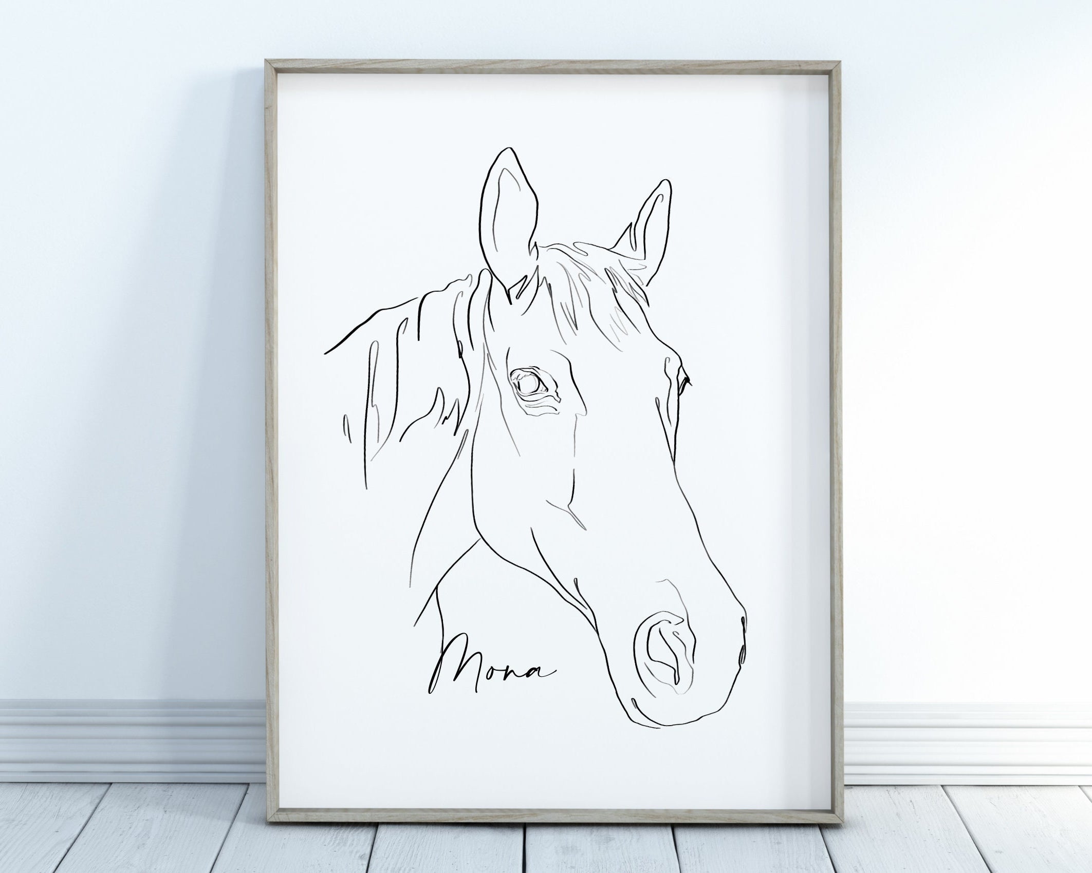 Pferde Portrait nach Foto | One Line Art | Digital Print | Benutzerdefiniertes Bild | gerahmtes Tierportrait | Name | Boho Skandi Stil