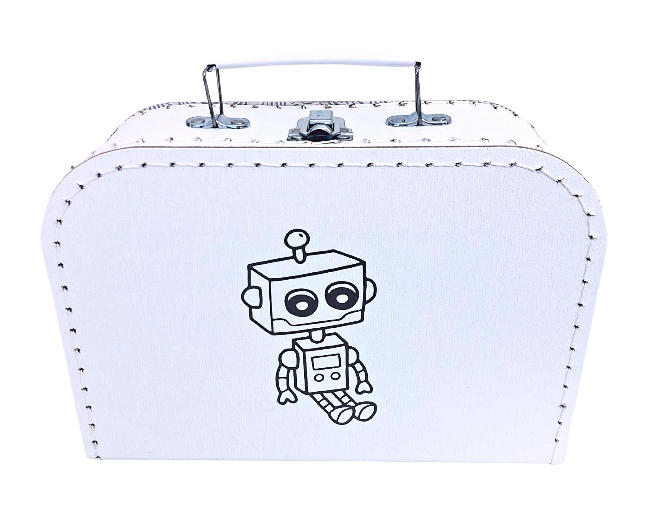 Kleiner weißer Kinderkoffer | Roboter | Pappkoffer für Spielzeug | Geschenk Kindergartenkind Schulkind