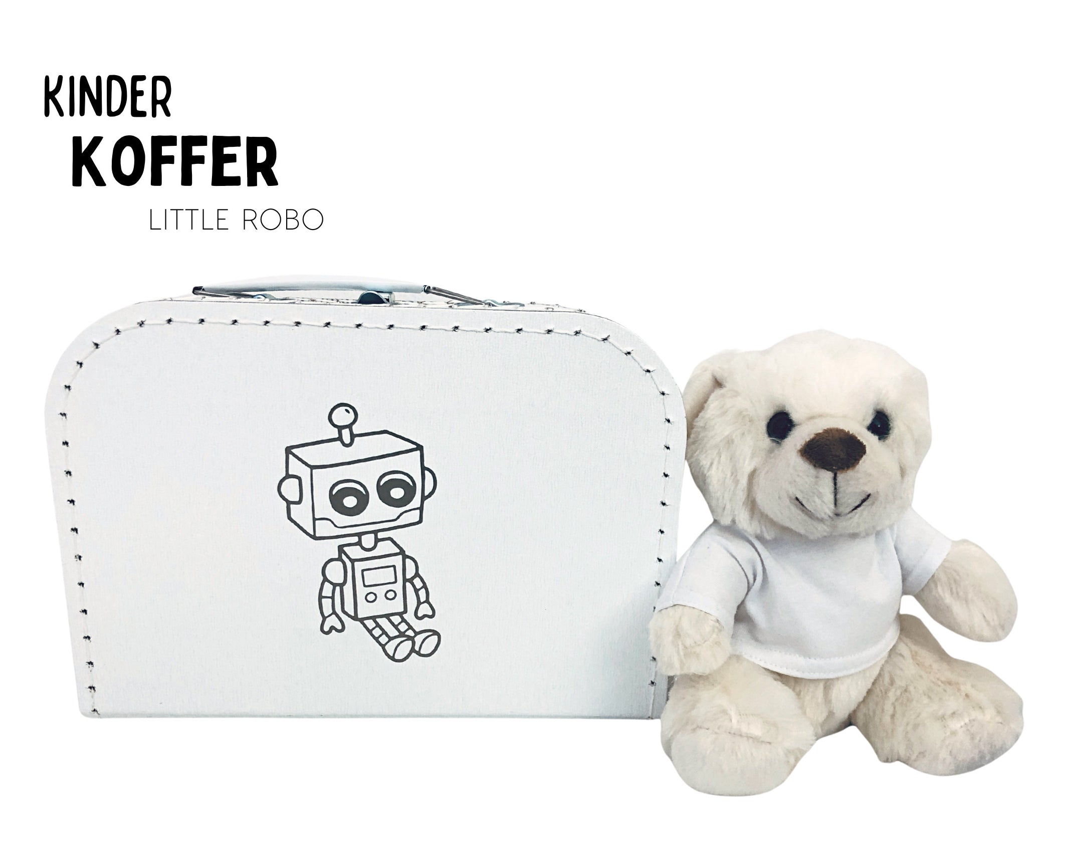 Kleiner weißer Kinderkoffer | Roboter | Pappkoffer für Spielzeug | Geschenk Kindergartenkind Schulkind